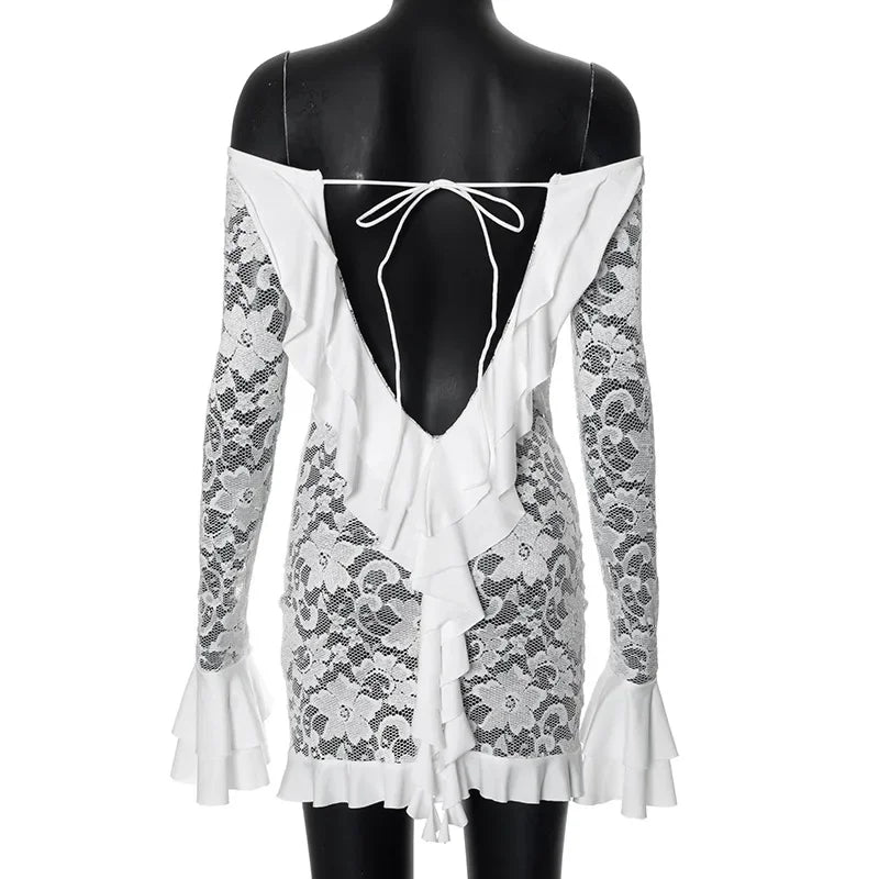 Long Sleeve Streetwear White Lace Dress For Women Slash Neck Outfits See Through Fashions Vestidos Elegantes Para Mujer Ruffles