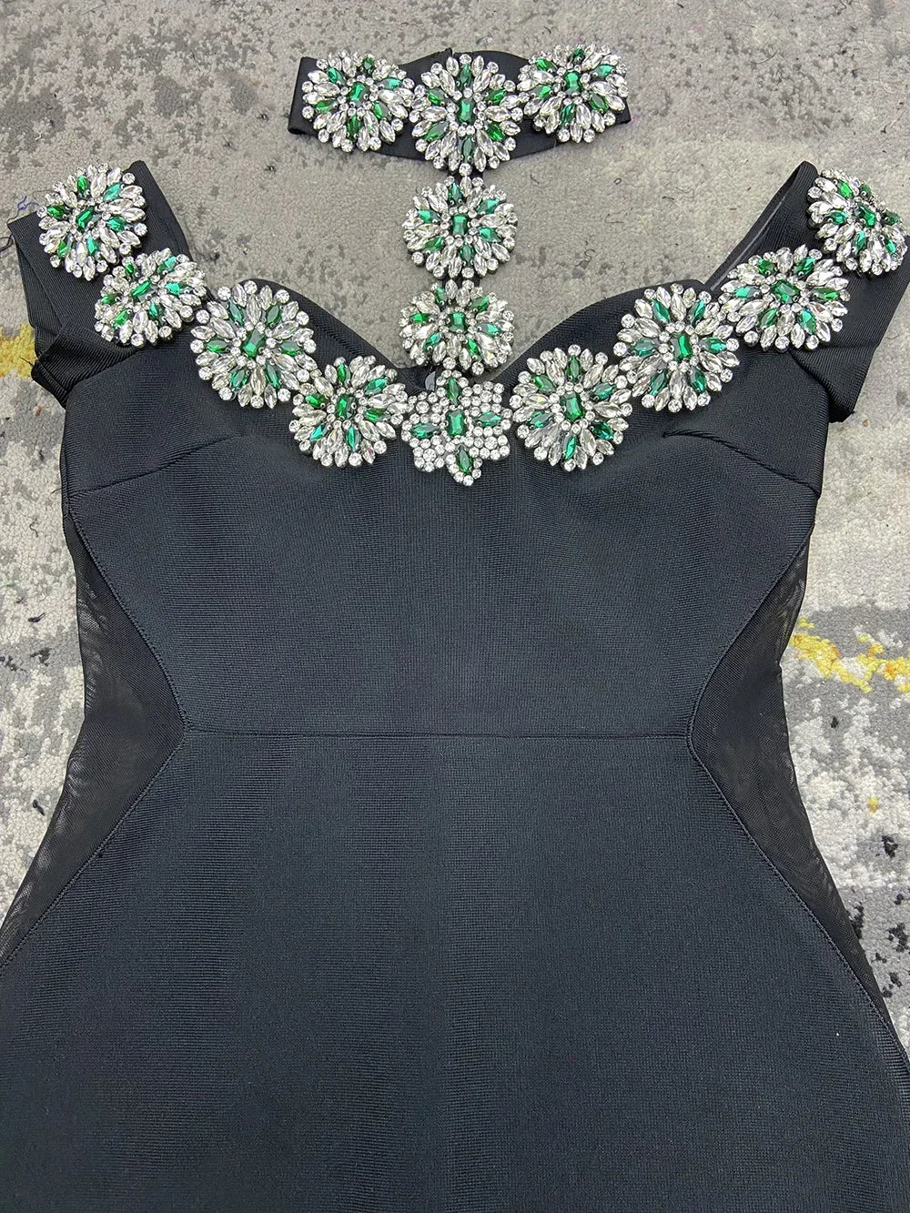 Sexy Women Light Luxury Nail Bead Bandage Dress Hanging Neck Shoulder Short Sleeve Bodycon Long Dress Evening Party Vestido