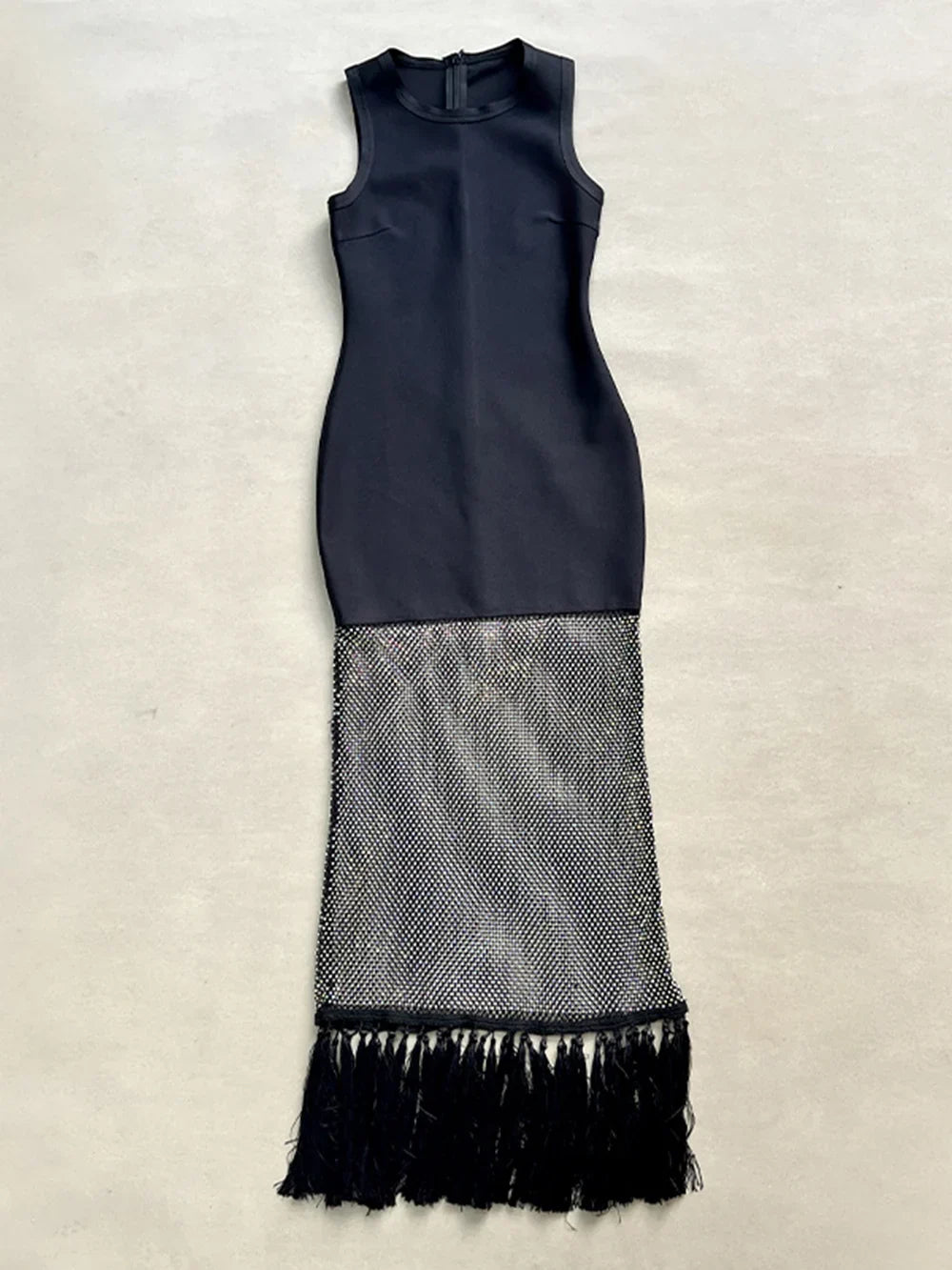 Black tassels Evening Party bandage Long Dresses Elegant Sleeveless Diamond Mesh Patchwork Maxi Dress Women Summer Vestidos