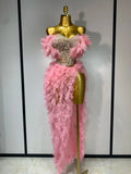 Women Sexy Strapless Mesh two Pieces Set Bodycon Long Dress High Split Nightclub Party Luxury Birthday Singer Stage Outfit Pink