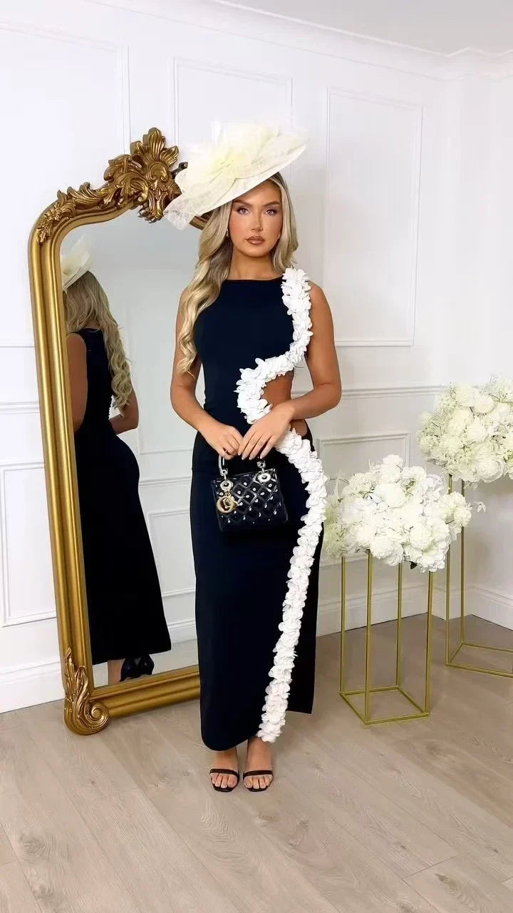 New Women Sleeveless Sexy Side Hollow Out Florals Bodycon Long Bandage Dress Celebrate Fashion Evening Party Cocktail Wear