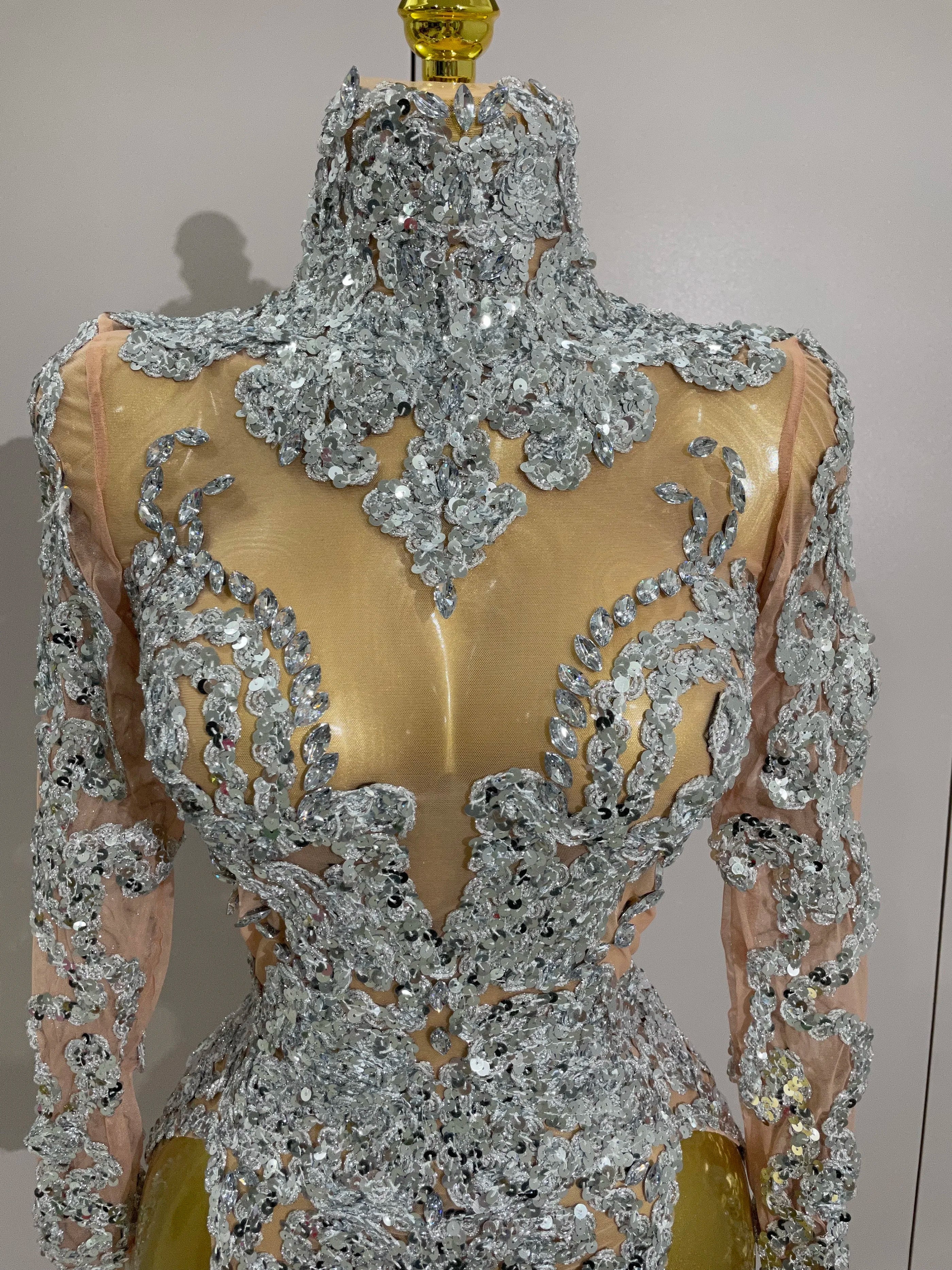 Luxury Sparkly Sequins Stretch Long Sleeve Mesh Mini Dress  Women Birthday Party Nightclub Dancer Stage Performance Costume