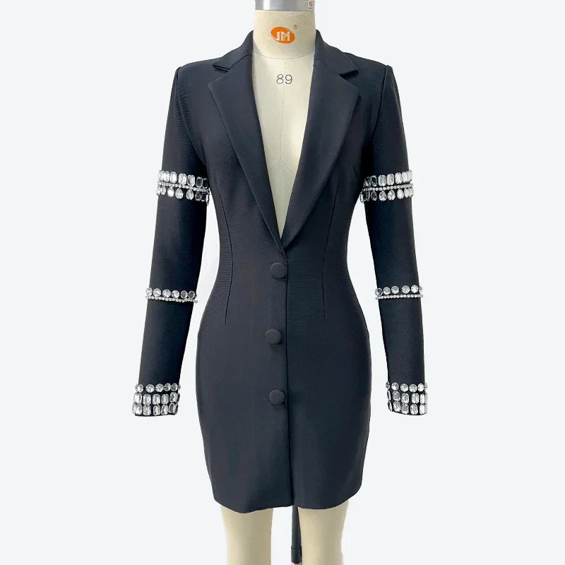 Fashion Black Color Women Long Sleeve Sexy V-Neck Bodycon Mini Bandage Dress Crystal Fashion Nightclub Party Outfit