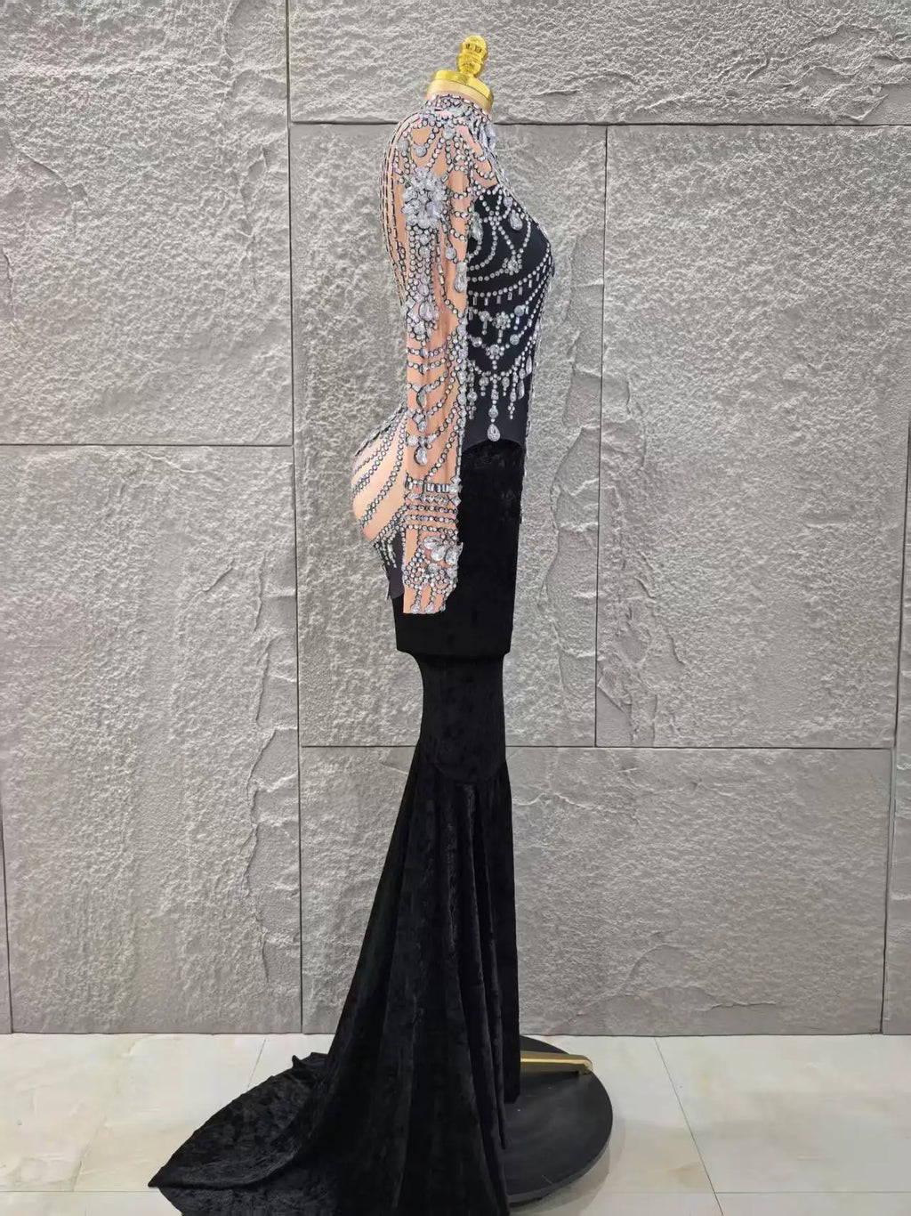 Women Long Sleeve Sexy Shinning Crystal Velvet Bodycon Floor-length Dress Celebrate Evening Party Birthday Cocktail Dress