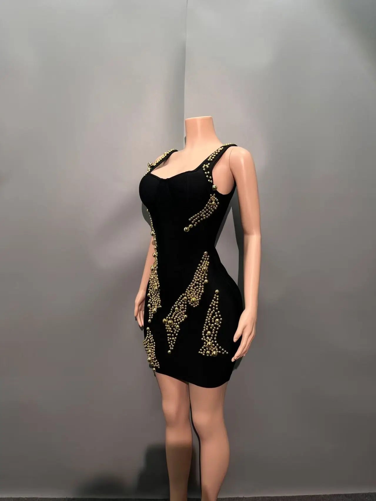 Women Sleevelss Sexy Square Collar Beading Bodycon Mini Bandage Dress Celebrate Nightclub Party Birthday Outfit