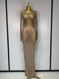 Sparkly Rhinestone Elegant Party Long Dress Celebrity Evening Luxury Birthday Nightclub Prom Gown Singer Dancer Stage Outfit Gold