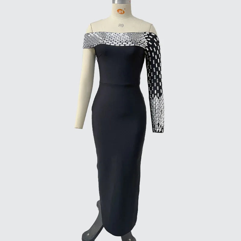 Women Sexy One Shoulder Shinning Crystal Bodycon Long Bandage Dress Elegant Evening Party Celebrity Red Carpet Wear black