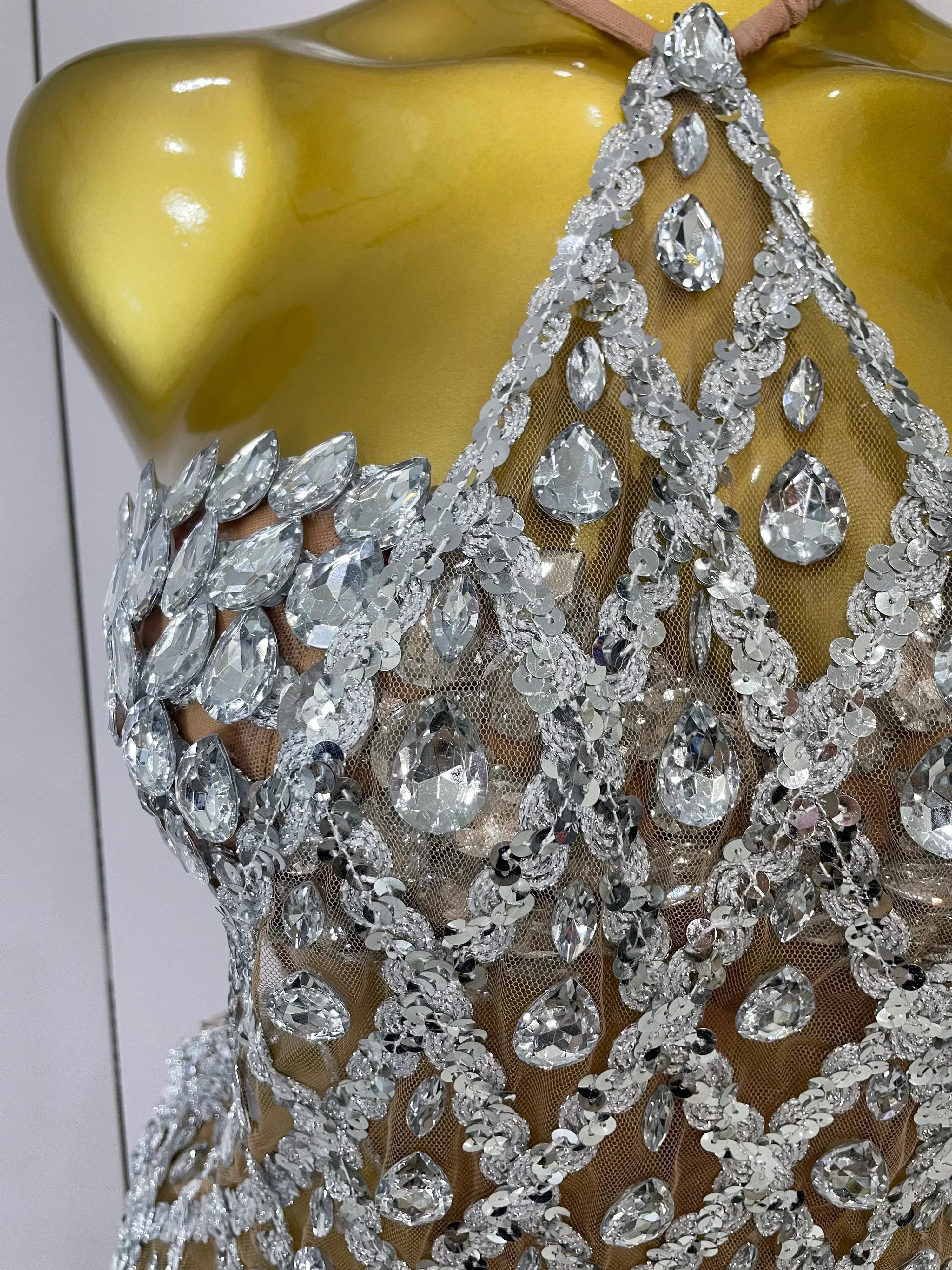Sparkly Sequin Diamond MeshTransparent Top Dress Two Piece Set Women  Sexy Evening Party Celebrate Birthday Photo Shoot Wear
