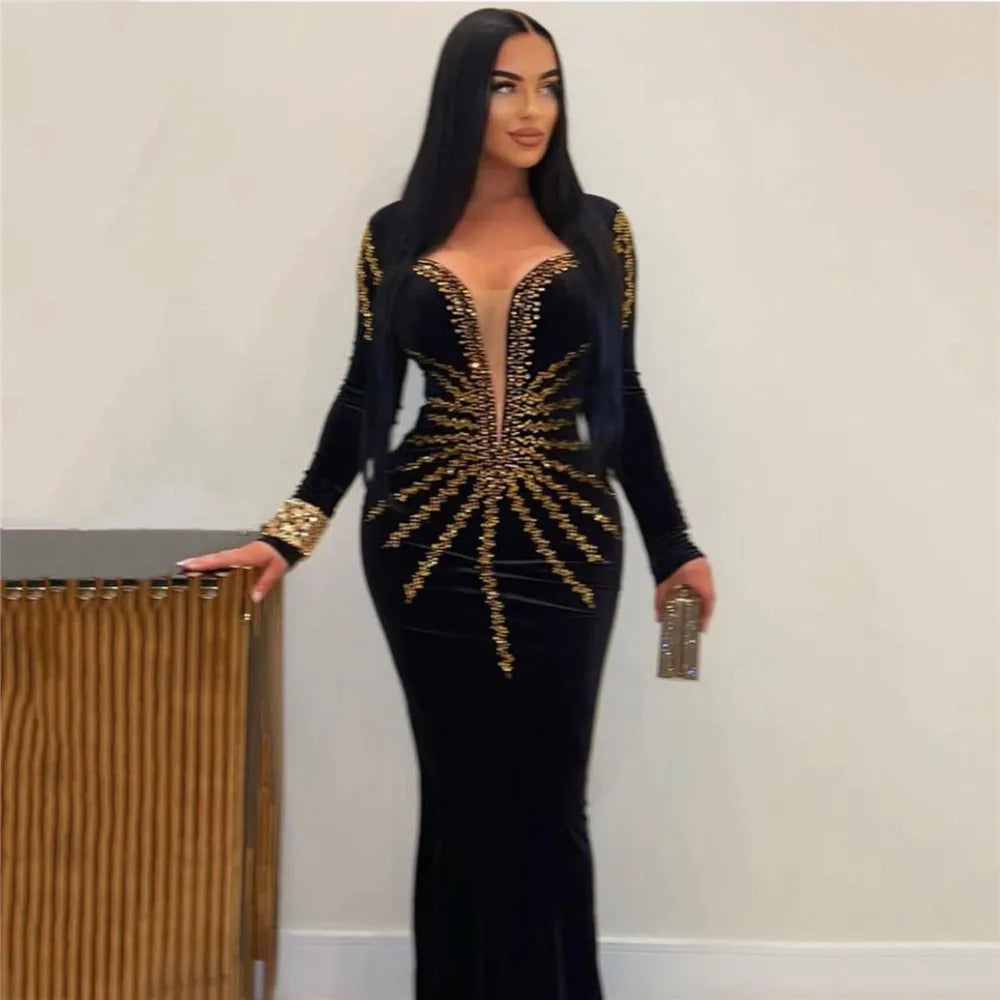 Women Long Sleeve Sexy Shinning Golden Rhinestones Bodycon Long Bandage Dress Celebrate Nightclub Party Outfit black