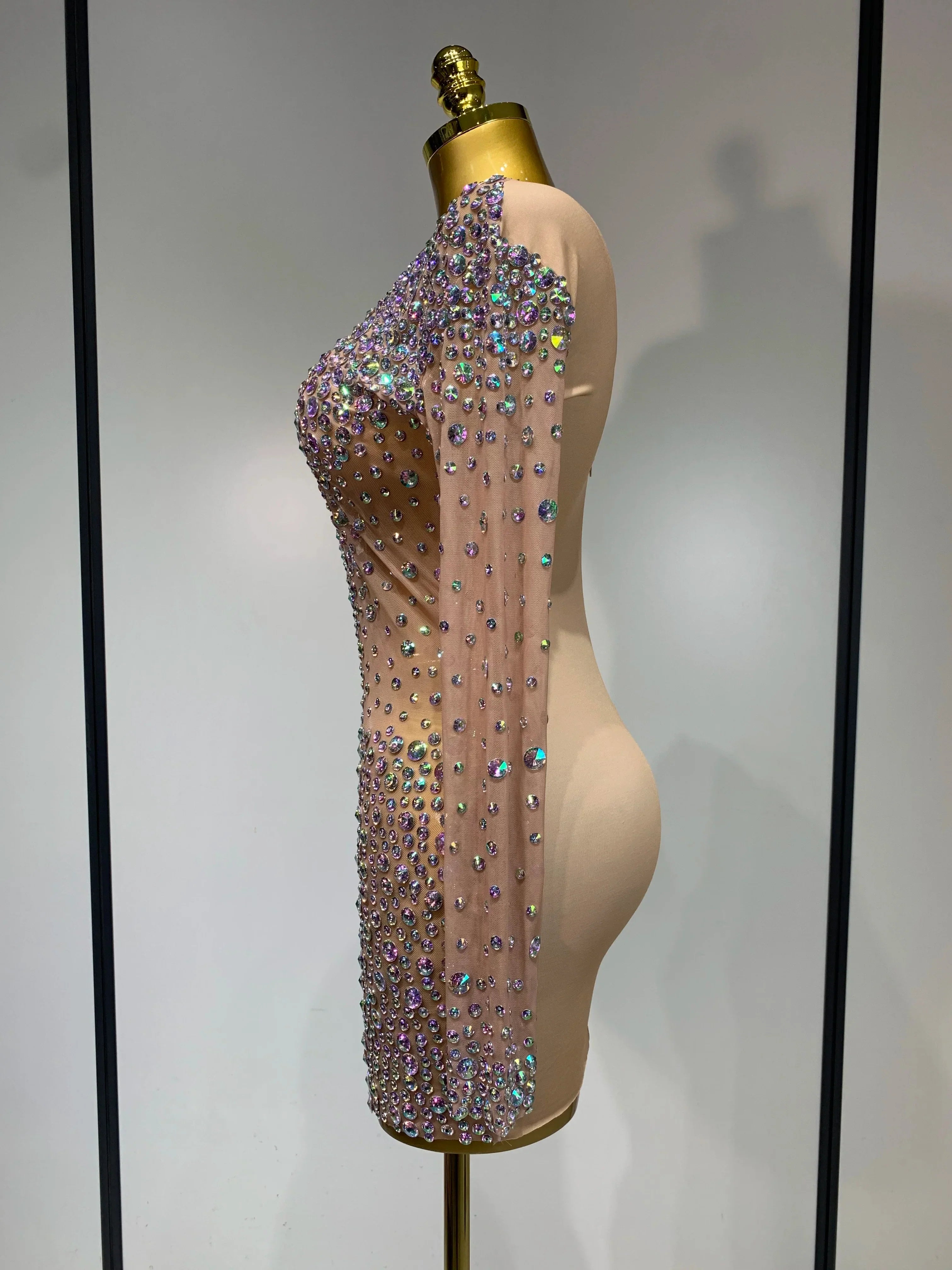 Sparkly Luxury Rhinestones Colourful Mini Dress Women Sexy Mesh See Through Birthday Performance Costume Dancer Stage Wear
