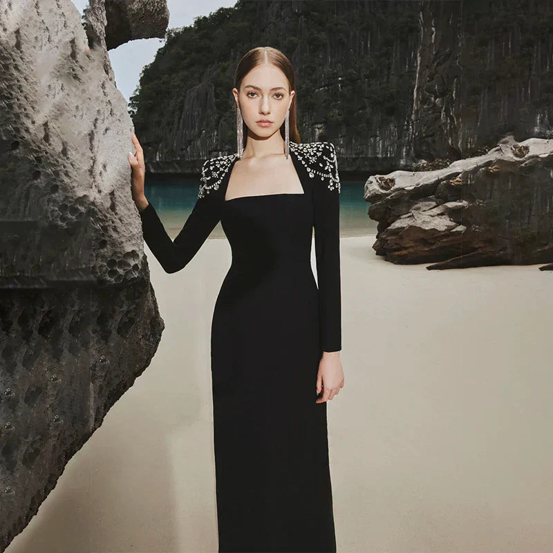 Black Winered Women Long Sleeve Square Collar Shinning Crystal Bodycon Long Bandage Dress Elegant Evening Party Wear