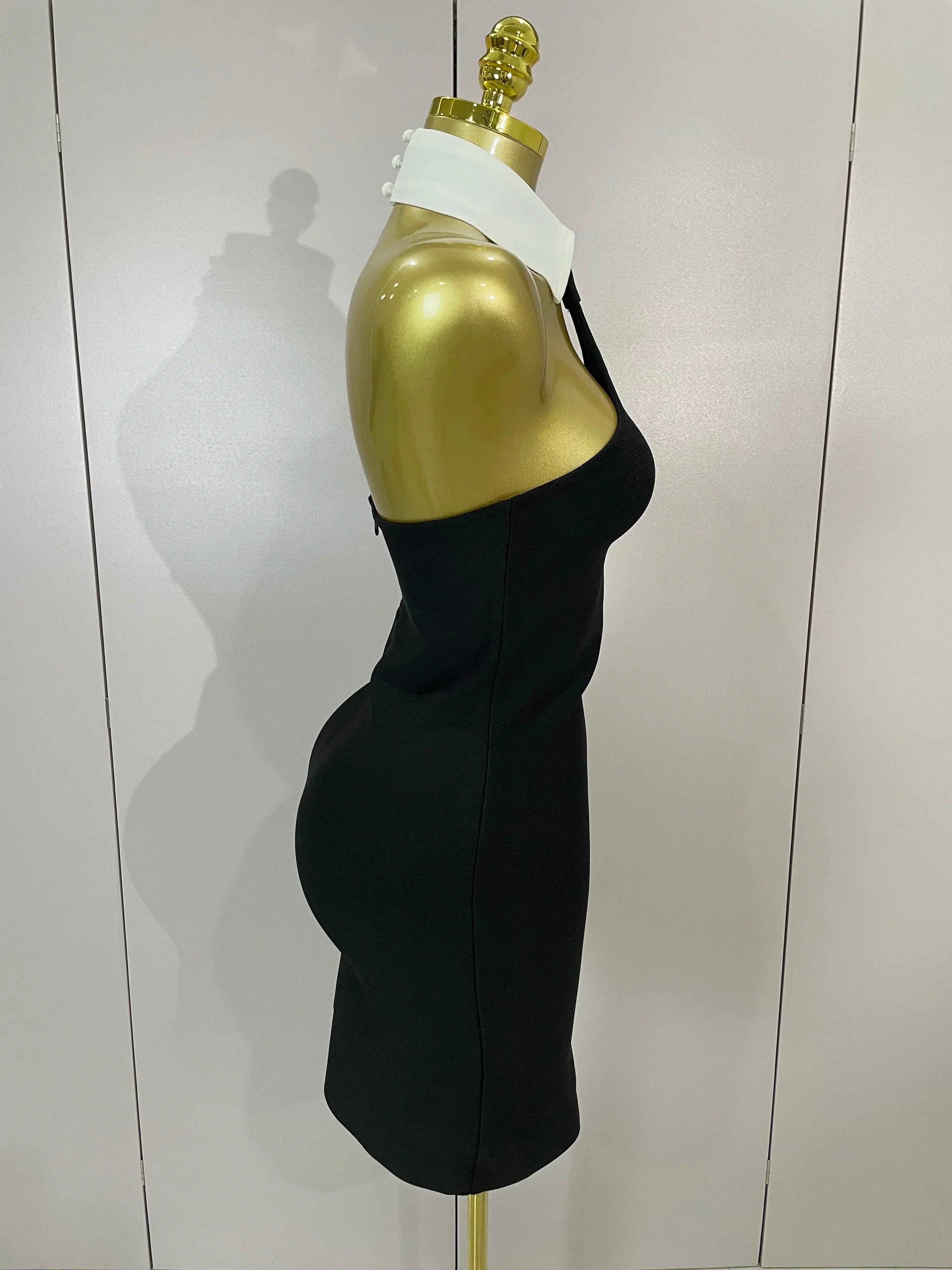 Sexy Backless White Shirt Collar Black Mini Bodycon Bandage Dress  Women Elegant Evening Club Party Luxury Birthday Dresses