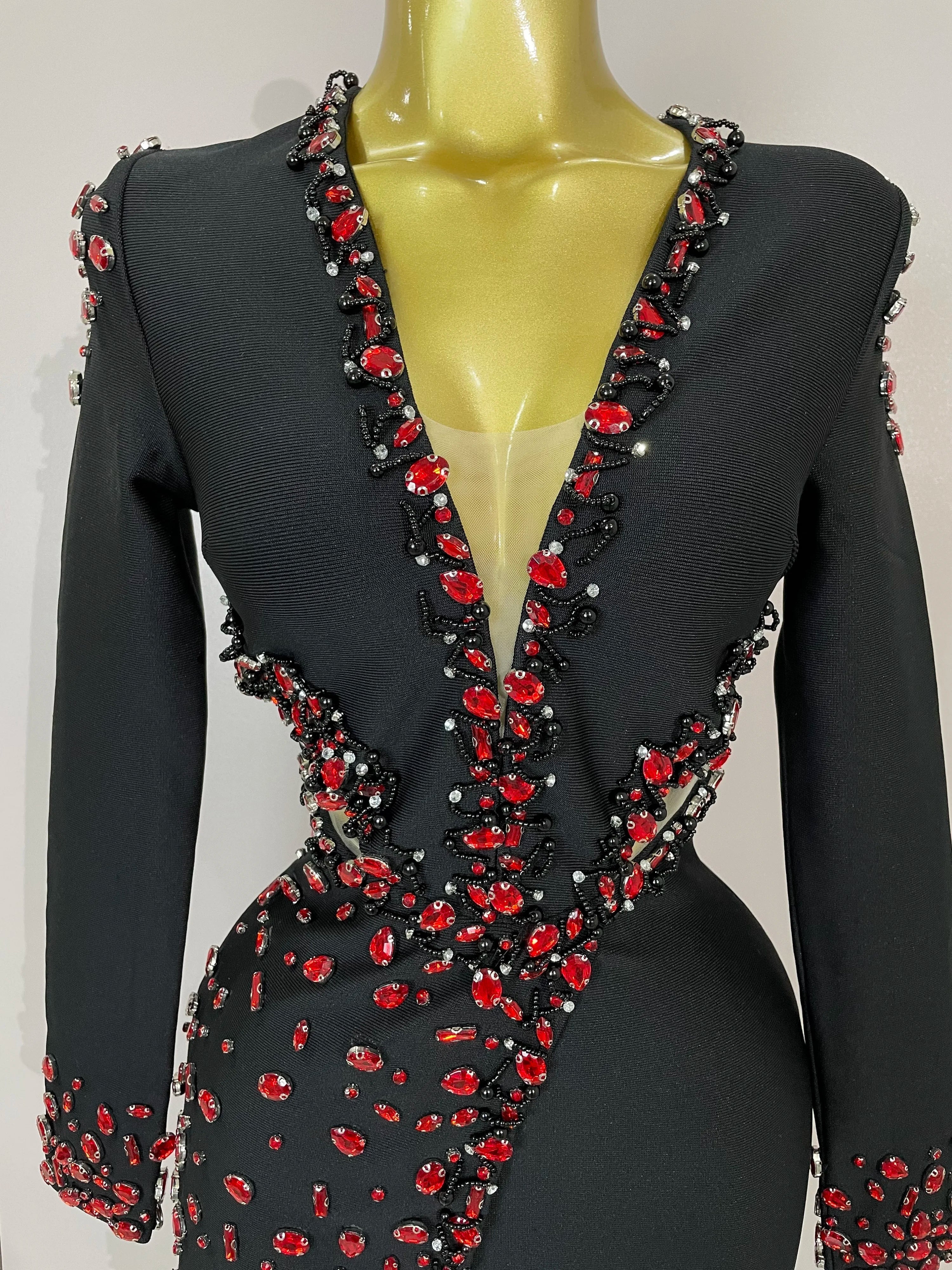 Women Celebrity Sexy Long Sleeve V Neck Rhinestone Black Bandage Dress  Elegant Evening Club Luxury Birthday Party Dresses