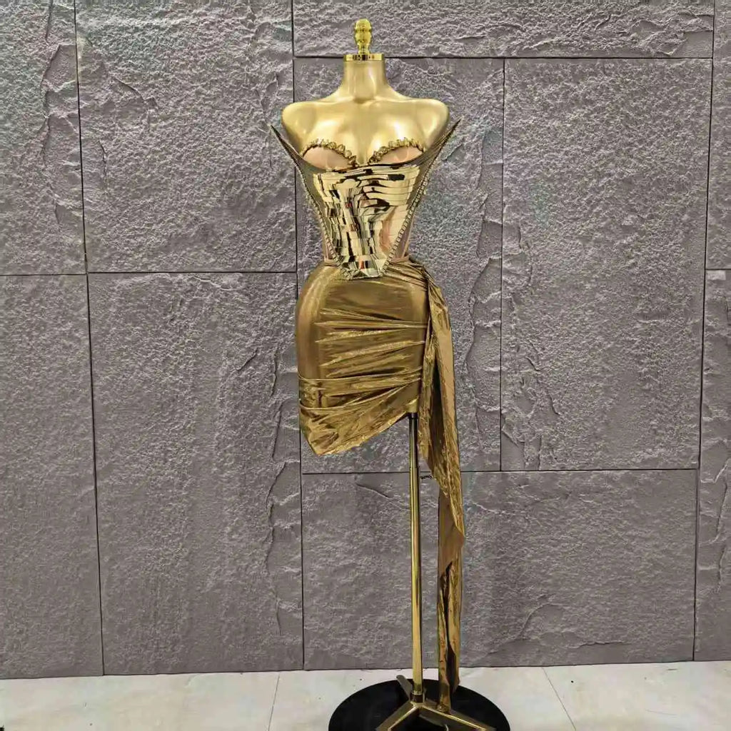 Golden Silver Women Sexy Strapless Shinning Crystal 2 Pieces Bodycon Mini Dress Birthday Party Photo Shoot Celebrate Stage Wear