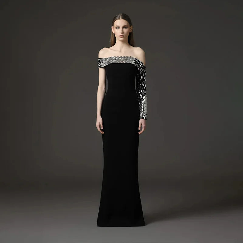 Women Sexy One Shoulder Sparkly Crystal Bodycon Long Bandage Dress Evening Party Red Carpet Fashion Outfit Vestido
