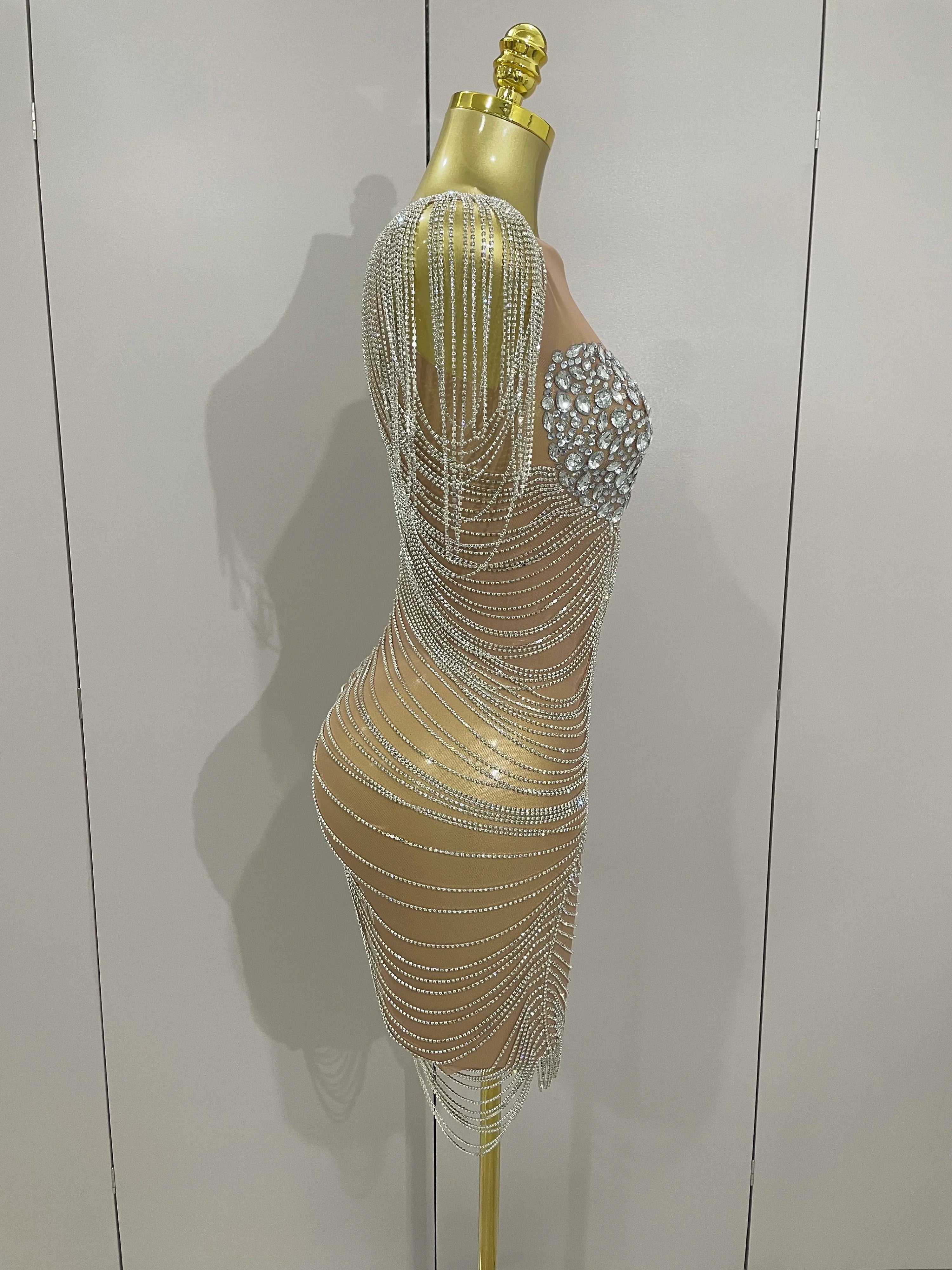 Sparkly Diamonds Crystal Sexy Mesh See Through Mini Dress Women Birthday Party Club Celebrate Stage Performance Costume