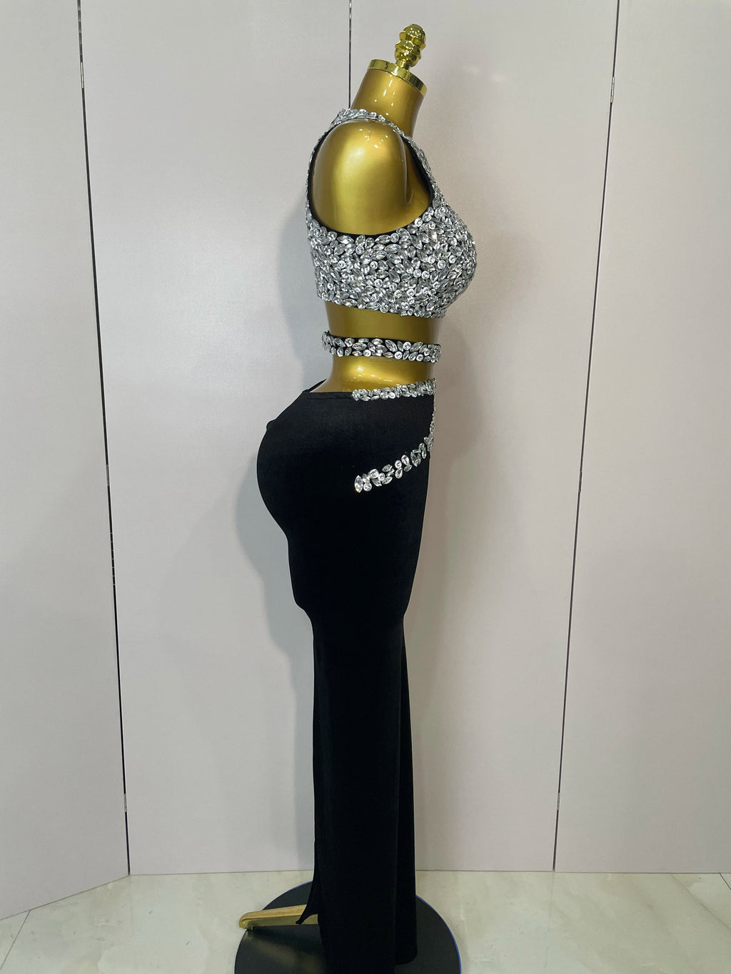 Women Sparkly Rhinestone Two-piece Set Sexy Velvet Singer Nightclub Outfit Celebrate Birthday Elegant Party Dresses
