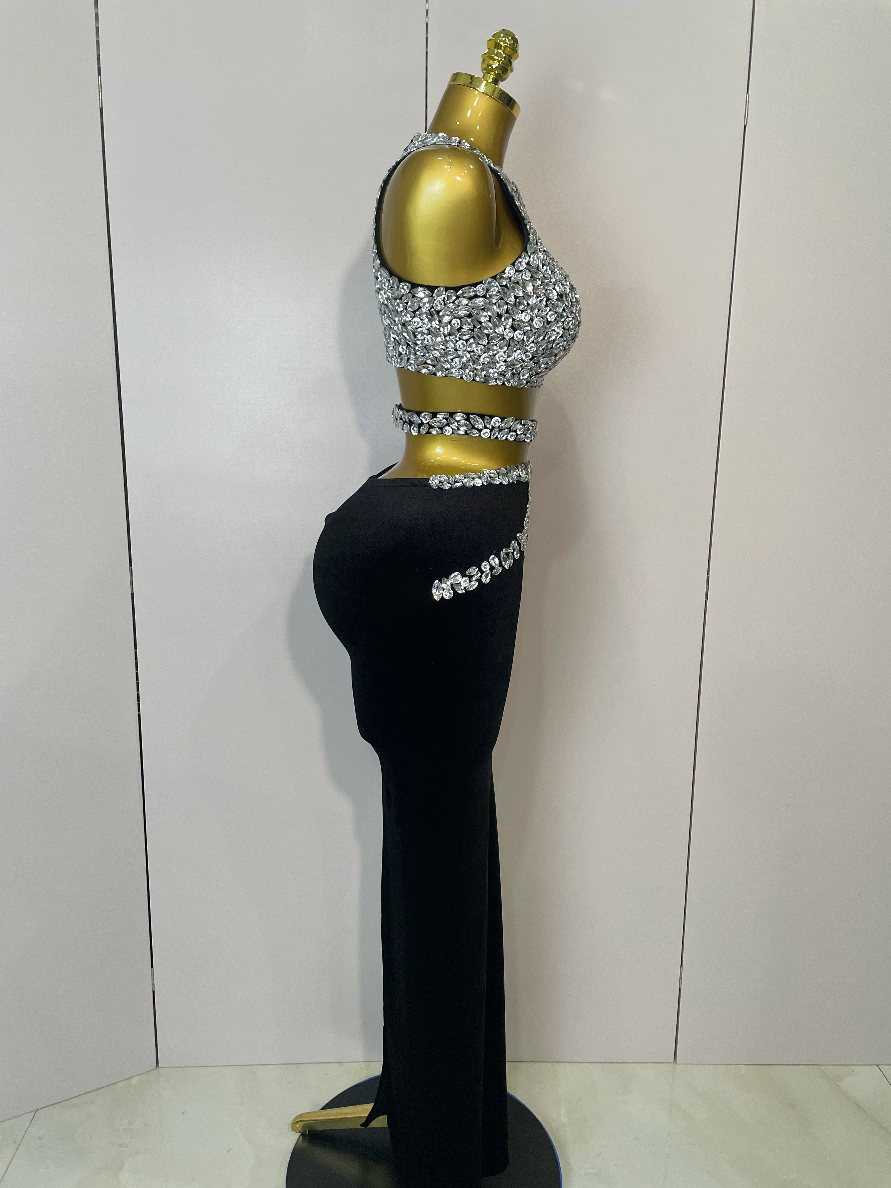 Women Sparkly Rhinestone Two-piece Set Sexy Velvet Singer Nightclub Outfit Celebrate Birthday Elegant Party Dresses