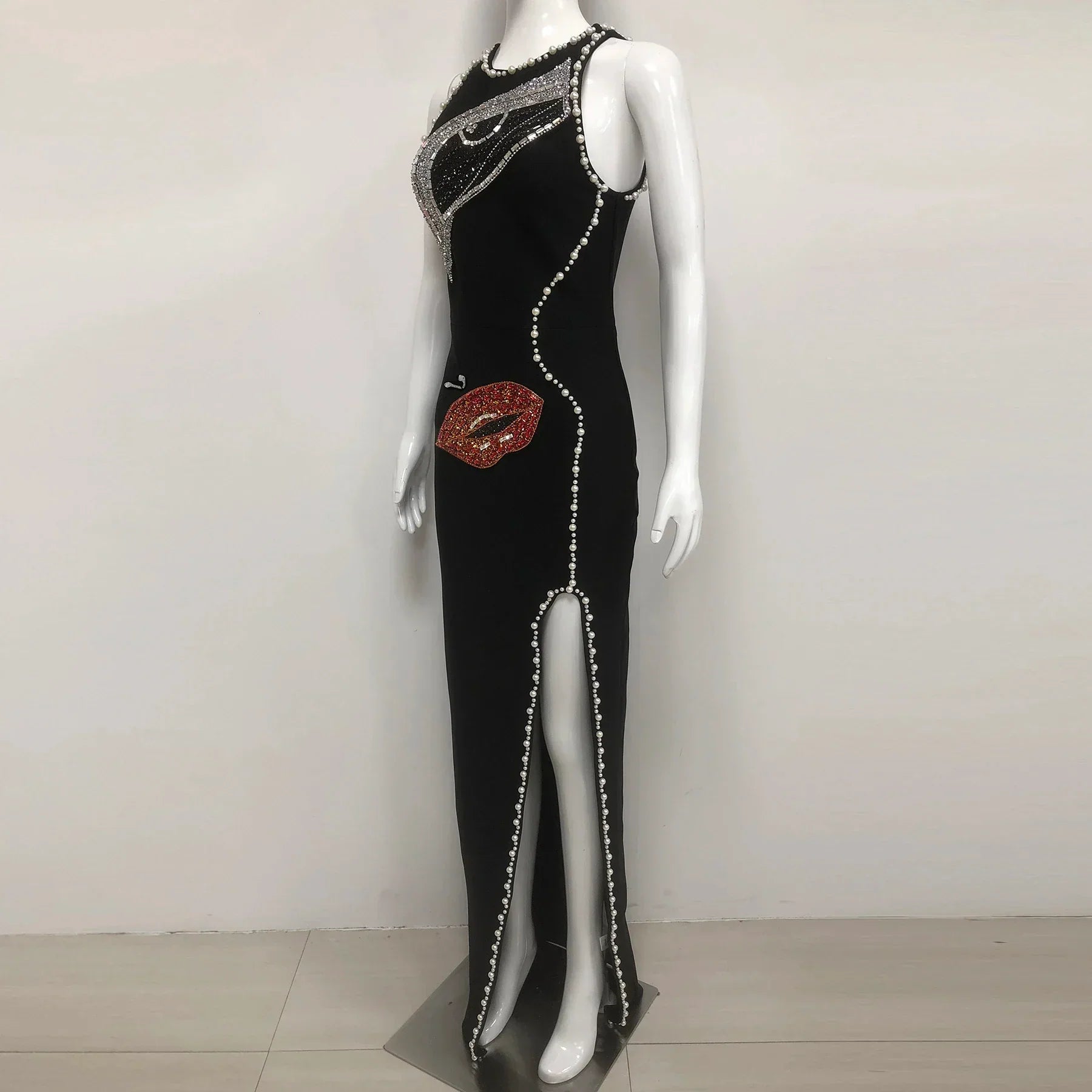 Big Eyes And Red Lips Patterned Diamonds High Slit Black Long Dress Woman Birthday Party Vestido  Celebrity Party Outfit