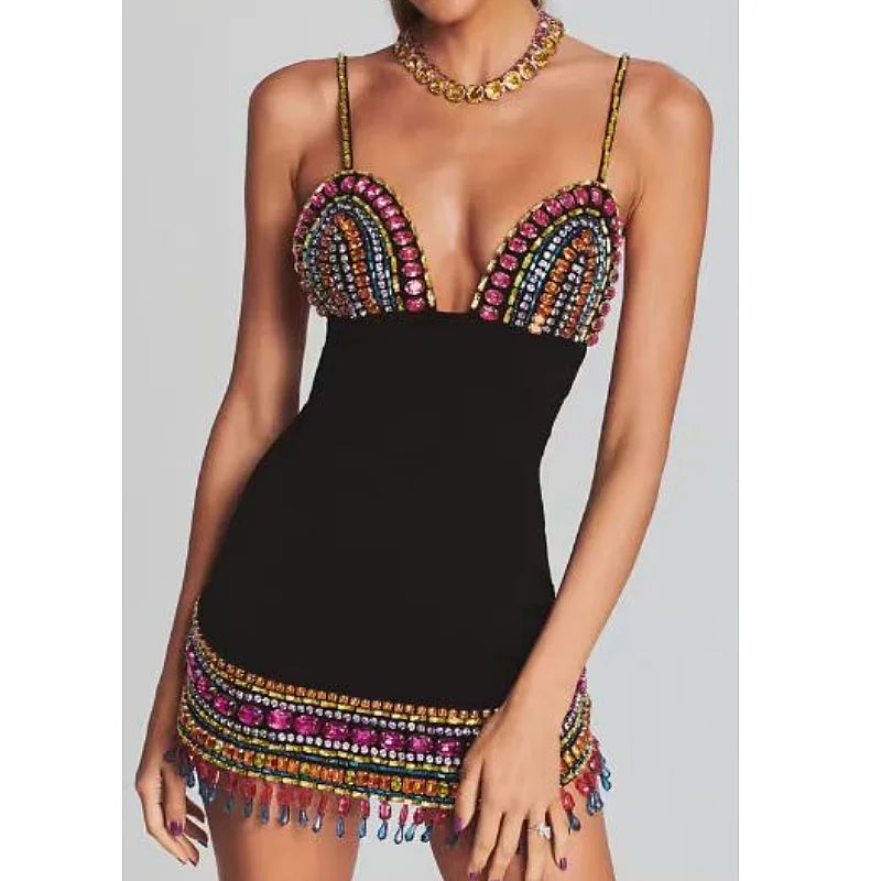 Colorful Diamonds Sexy V-Neck Spaghetti Strap Mini Bandage Dress Fashion Woman Evening Dress Holiday Vocation Vestido