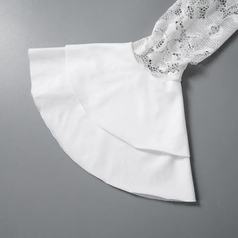 Long Sleeve Streetwear White Lace Dress For Women Slash Neck Outfits See Through Fashions Vestidos Elegantes Para Mujer Ruffles