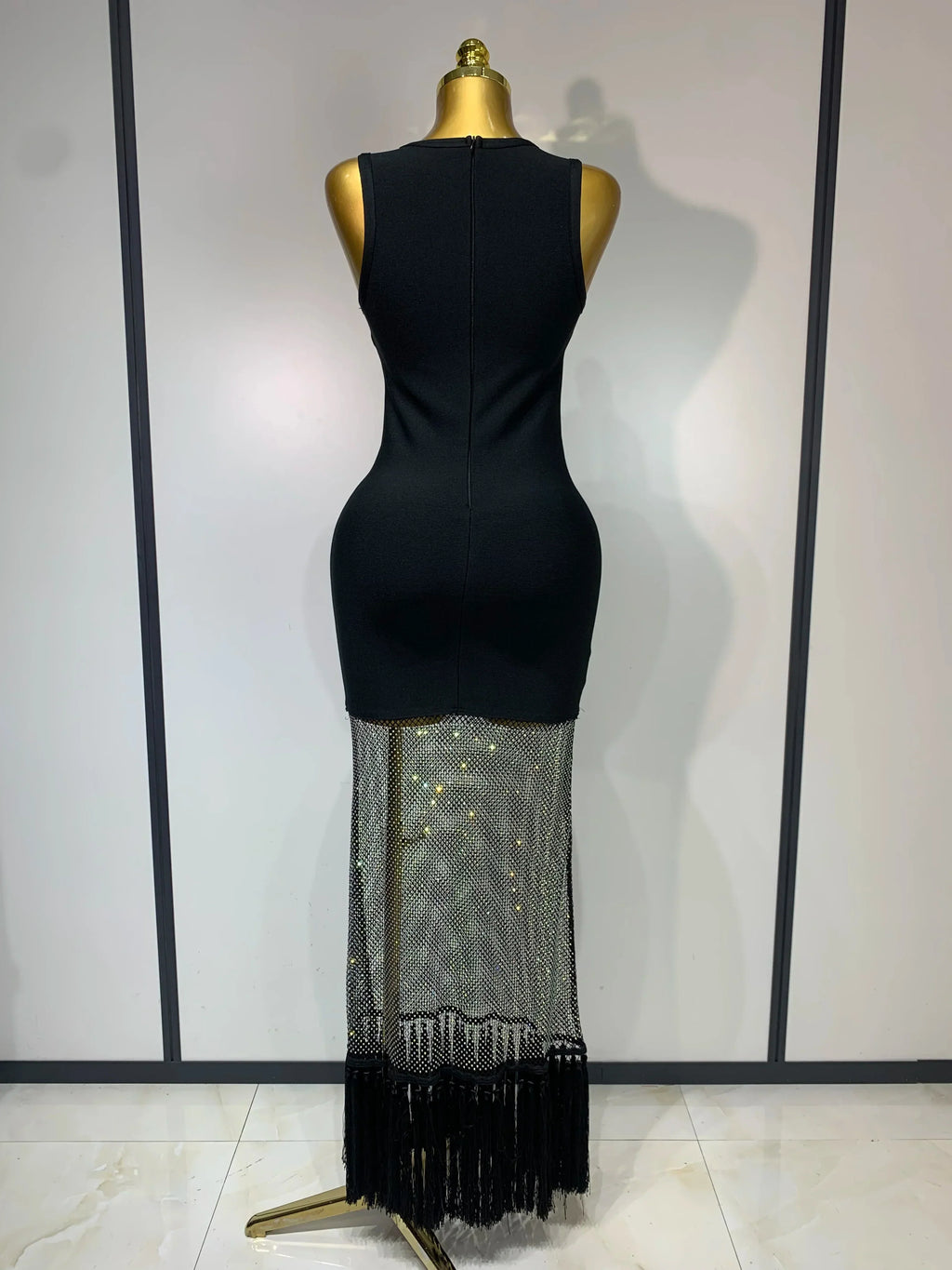Fashion Black Sleeveless Sparkly Diamonds Tassel Bandage Dress Celebrity Cocktail Evening Party Luxury Birthday Gown