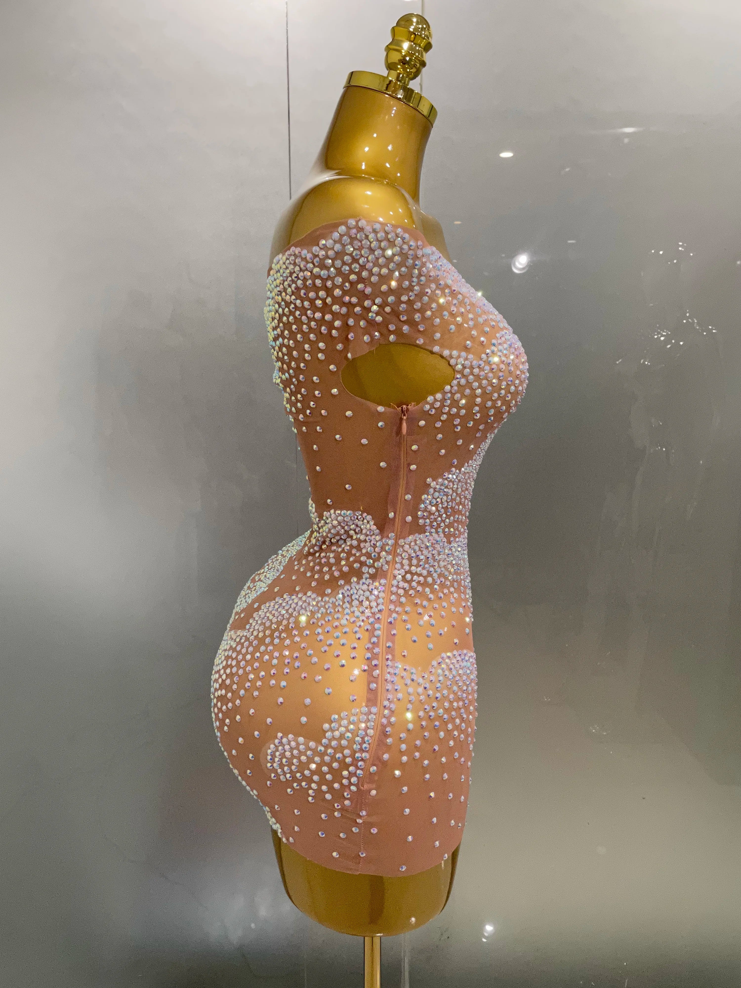Sexy Sparkle Rhinestone Transparent Stretch Mini Dress  Women Evening Birthday Party Club Stage Performance Costume