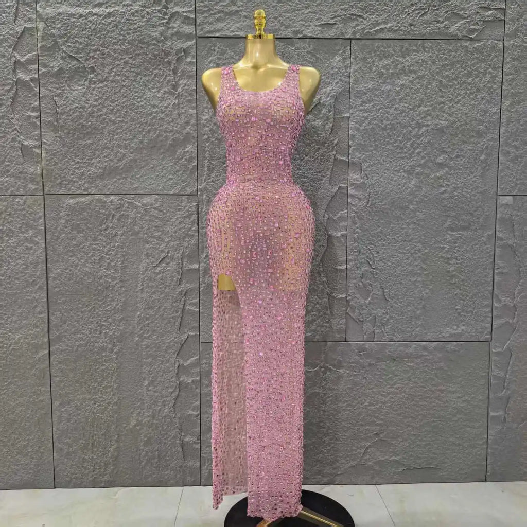 Women Sleeveless Sexy O-Neck Mesh See Through Full Crystal Bodycon Long Dress Birthday Party Stage Wear Pink
