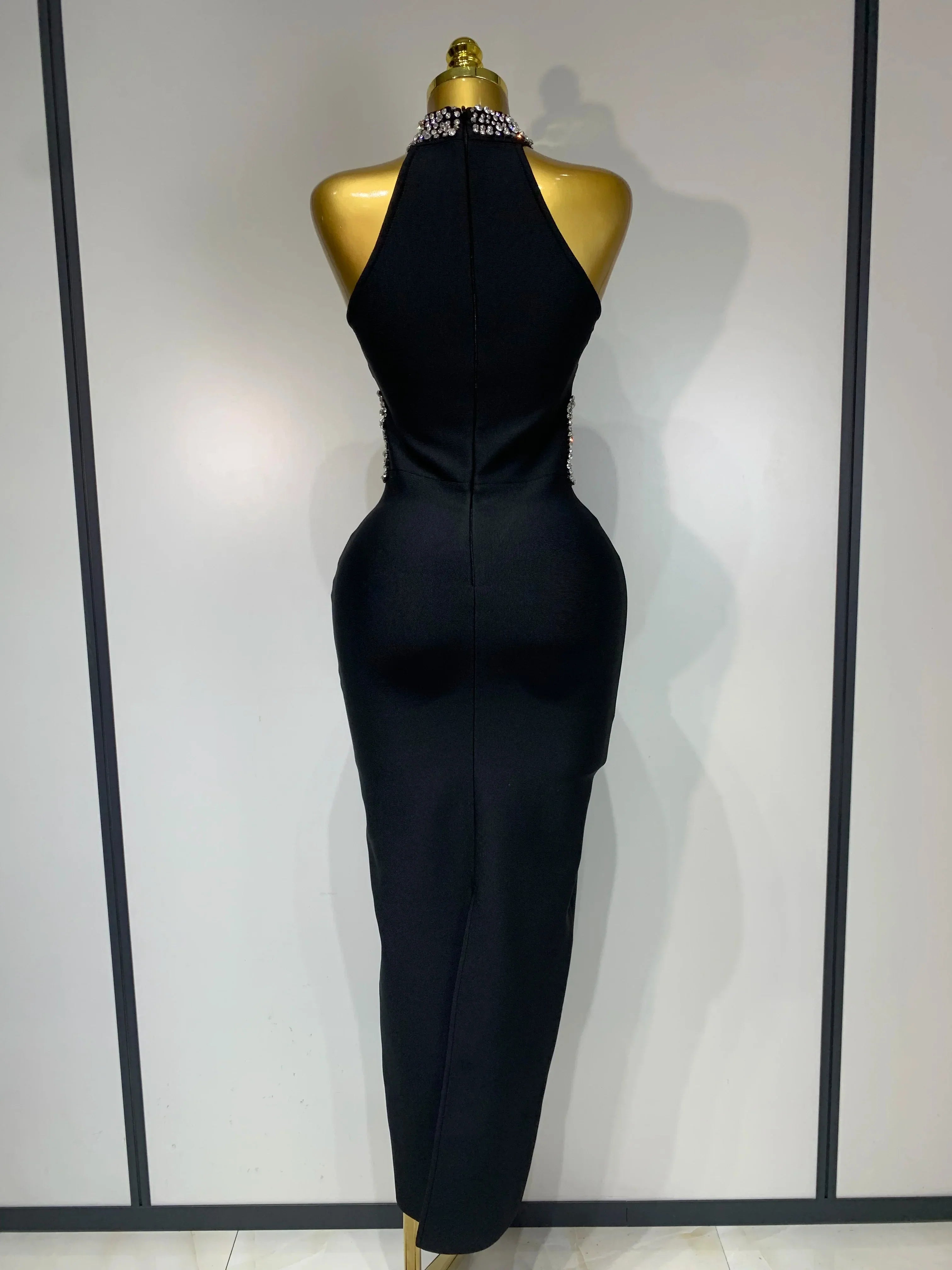 Women Sexy Rhinestone Black Sleeveless Mesh Patchwork Stretch Bodycon Bandage Party Dresses Elegant Birthday Dress