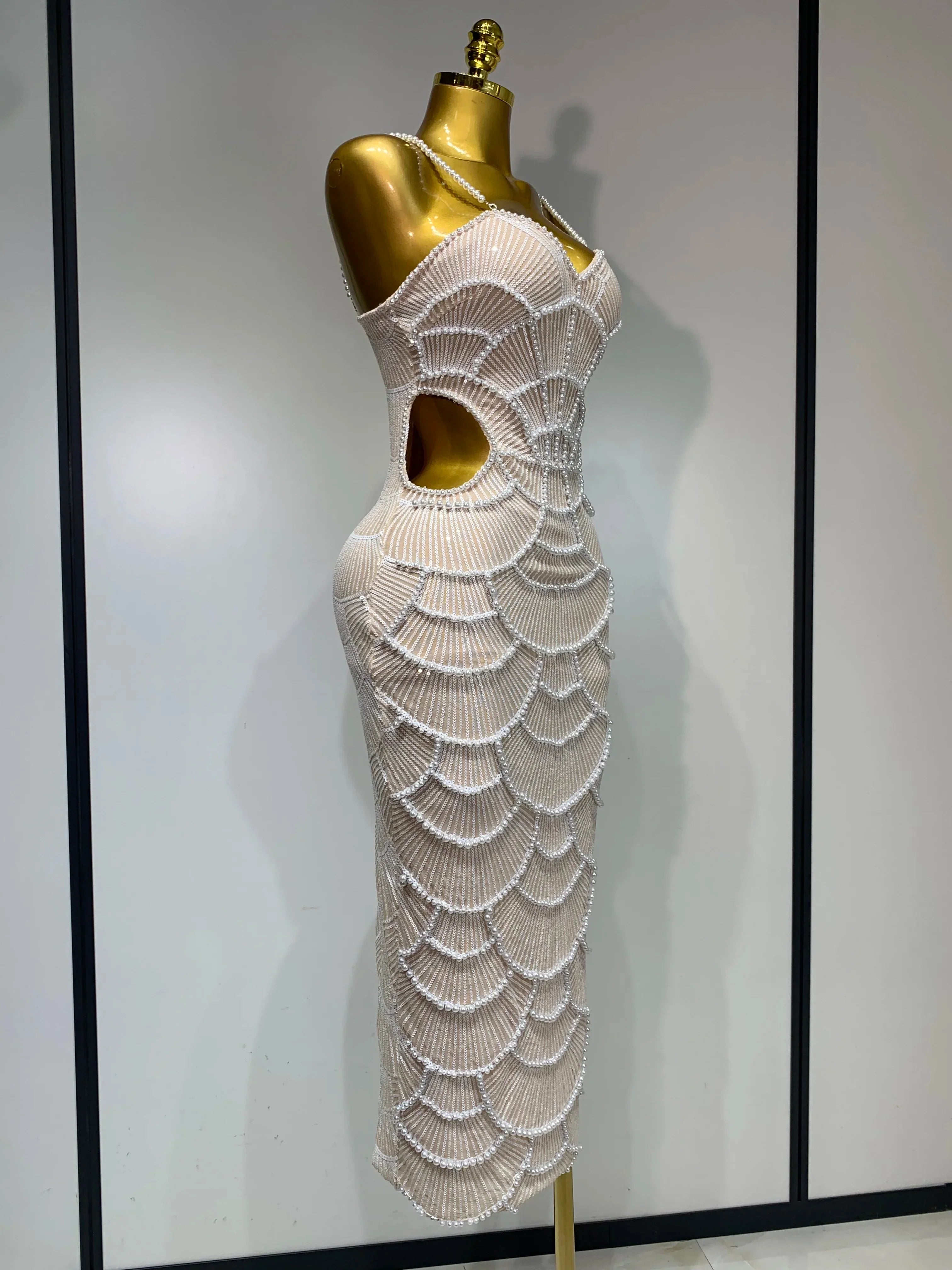 Women Sexy V Neck Pearl Beading Cut Out Maxi Long Bodycon Prom Gowns Dress Luxury Birthday Elegant Evening Party Club Dress