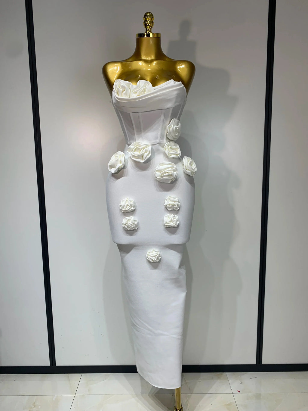 Newest Women Sexy Strapless Backless Red Flower Midi Bandage Dress Celebirty Elegant Evening Club Party Birthday Dresses WHITE
