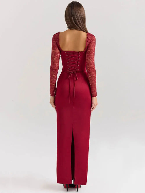 2024 Sexy Women Christmas Dress Strapless Lace Up Long Sleeved Bodycon Back Drawstring Design Long Dress Cocktail Party Vestidos