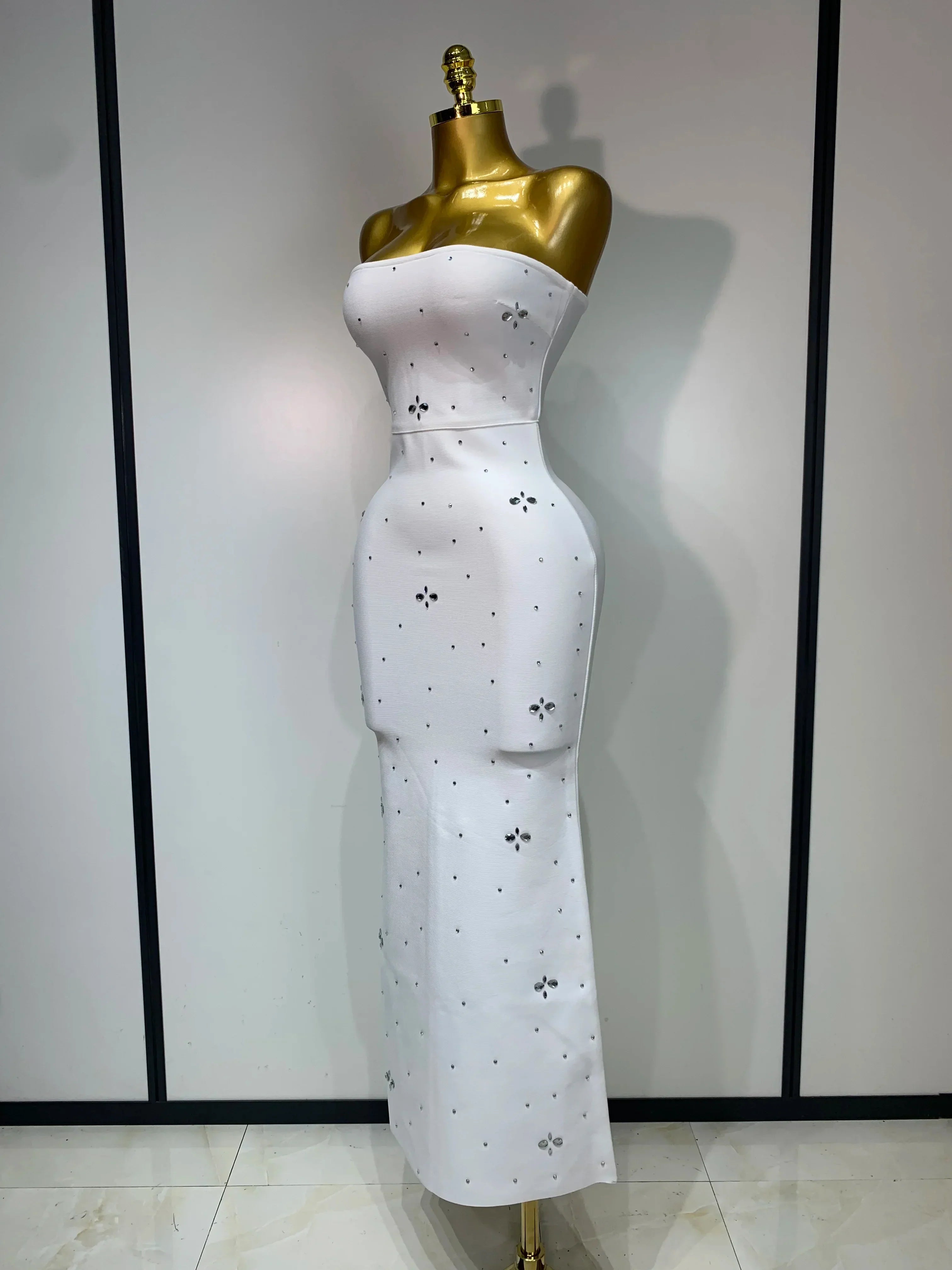 Luxury Rhinestone Sexy Strapless Backless Long Bodycon Bandage Dress   White Elegant Evening Party Birthday Club Dress