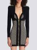 Black Color Women Long Sleeve Sexy Front Zipper Bodycon Mini Dress Rayon Bandage Fashion Runway Show Evening Dress black