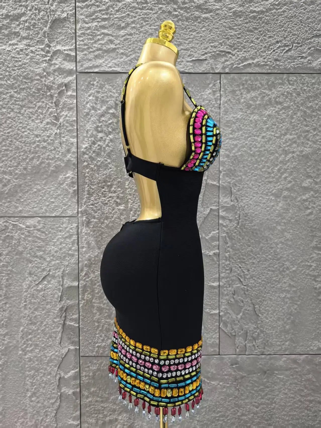 Women Sleeveless Sexy V-Neck Shinning Crystal Bodycon Mini Bandage Dress Celebrate Nightclub Party Outfit Vestido