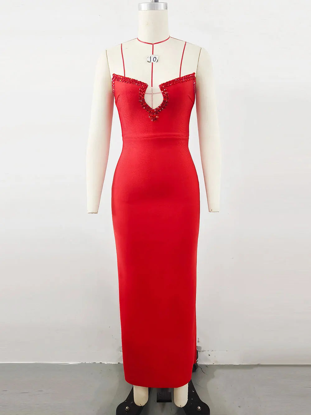 Sexy Women'S Light Luxury Bead Design Red Bandage Dress Strapless Sleeveless Bodycon Backless Long Dresses Party Vestidos Red
