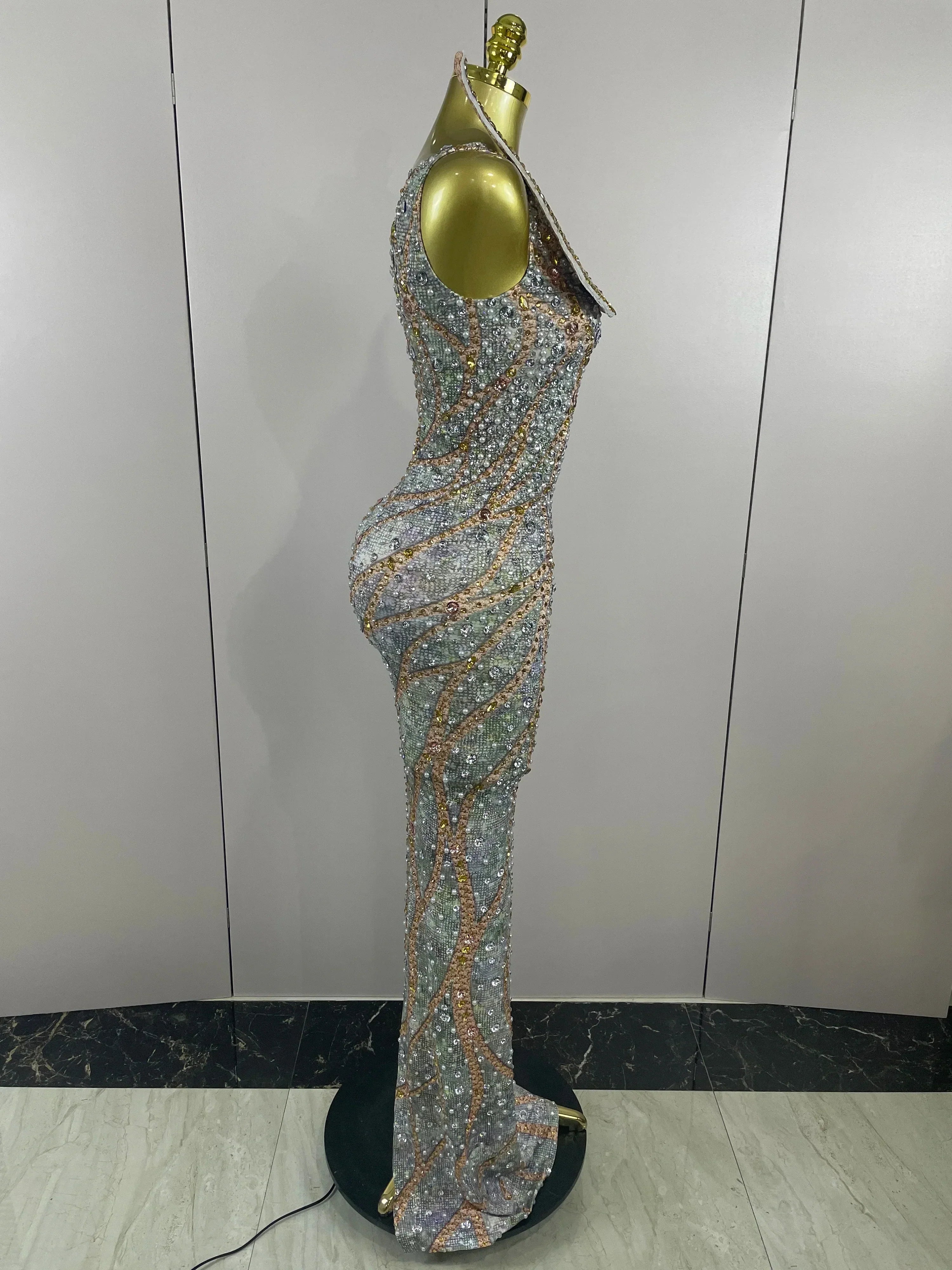 Luxury Crystals Diamonds Slit elegant Sheath Fishtail Dress Women Sexy Evening Party Performance Photoshoot Stage Dress