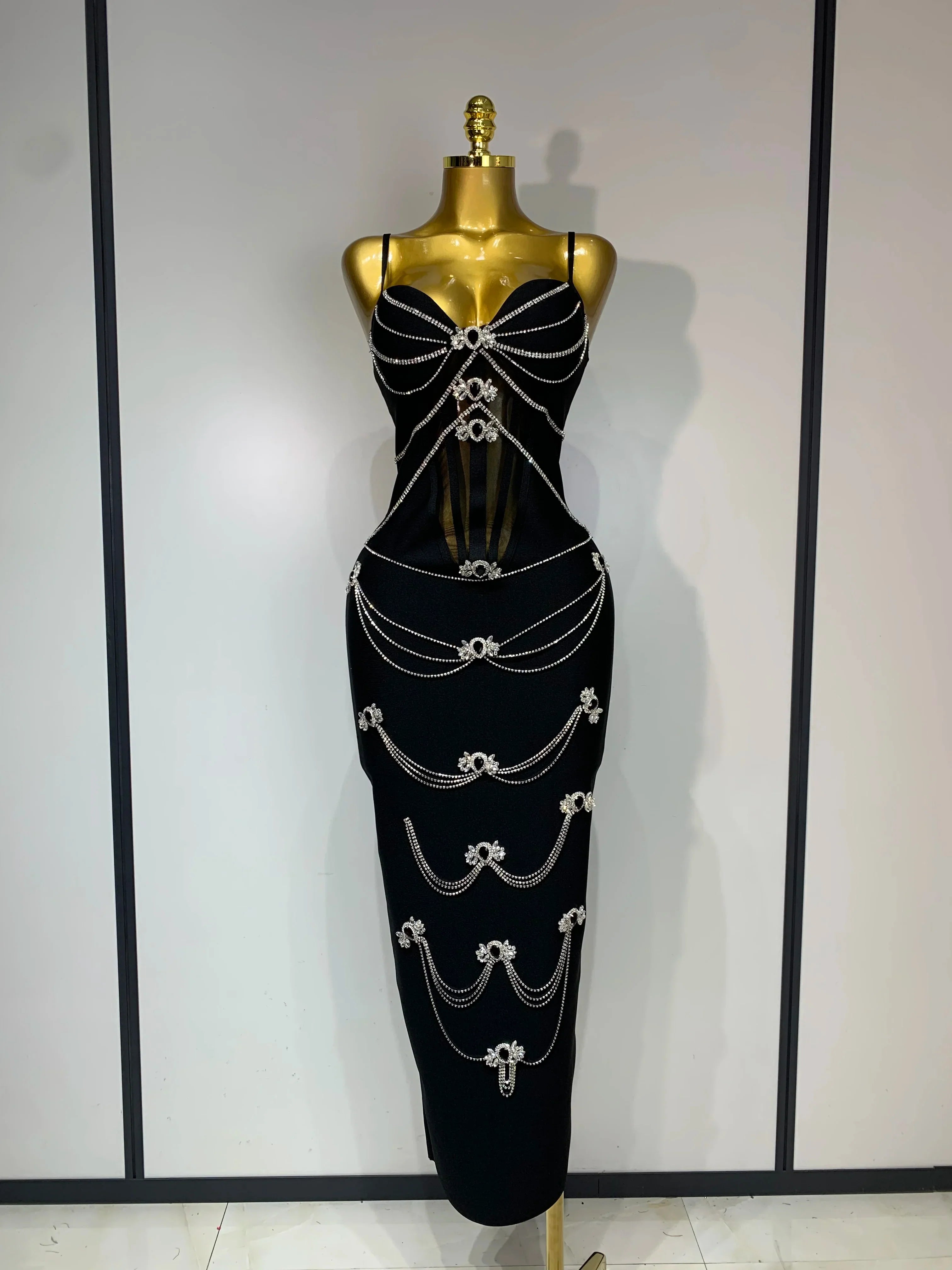 New Spaghetti Strap Bodycon Bandage Dress Women Sexy Sparkly Beading Club Evening Party Birthday Dresses Wedding Guest Gown black