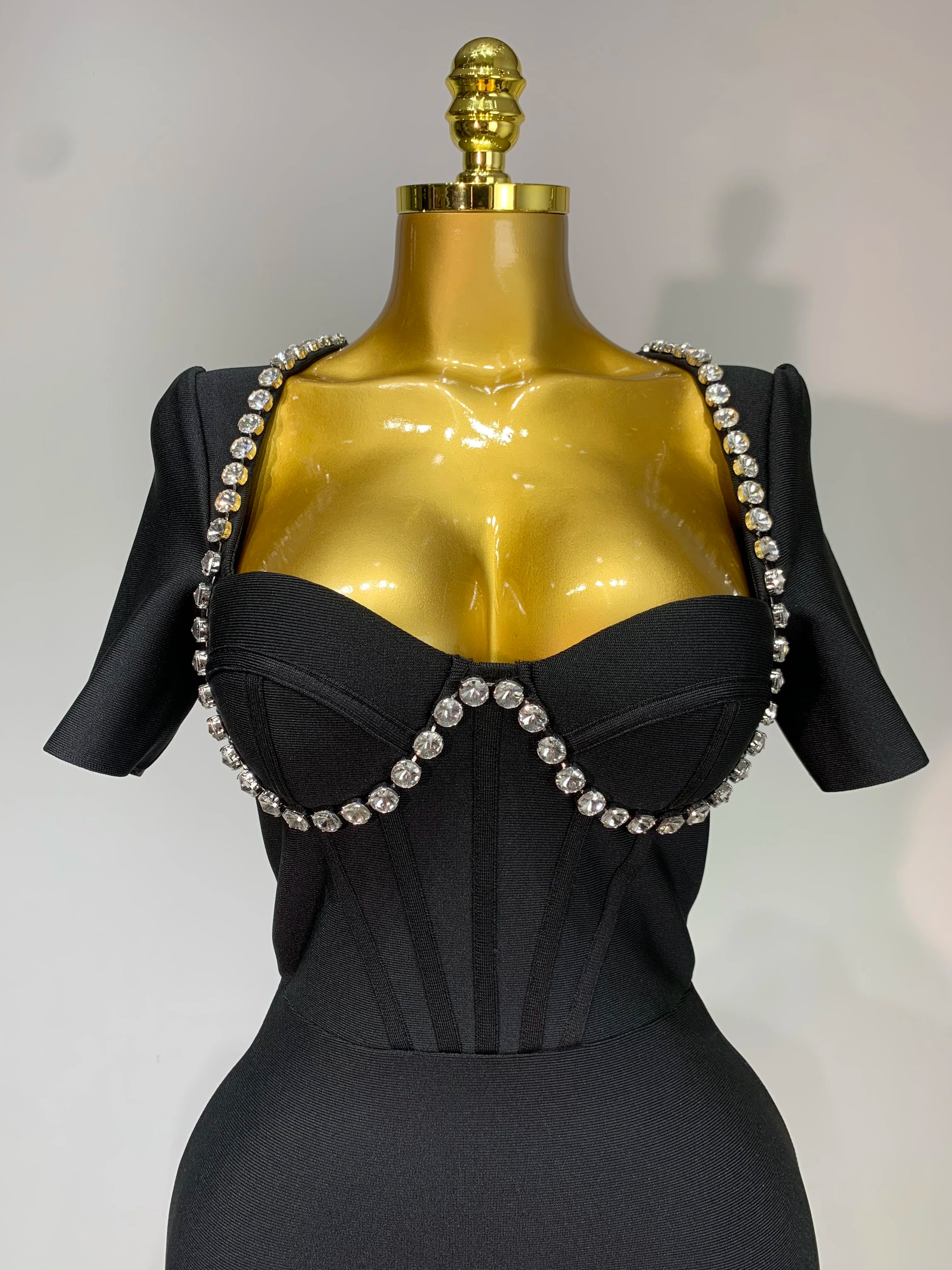 Women Sexy Luxury Rhinestone Short Sleeve Bodycon Dress  Party Evening Celebrate Birthday Black Bandage Club Prom Gown