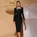 Women Autumn Sexy Long Sleeve Diamond Crystal Black Midi Bodycon Bandage Dress Elegant Party Performance Vestidos black