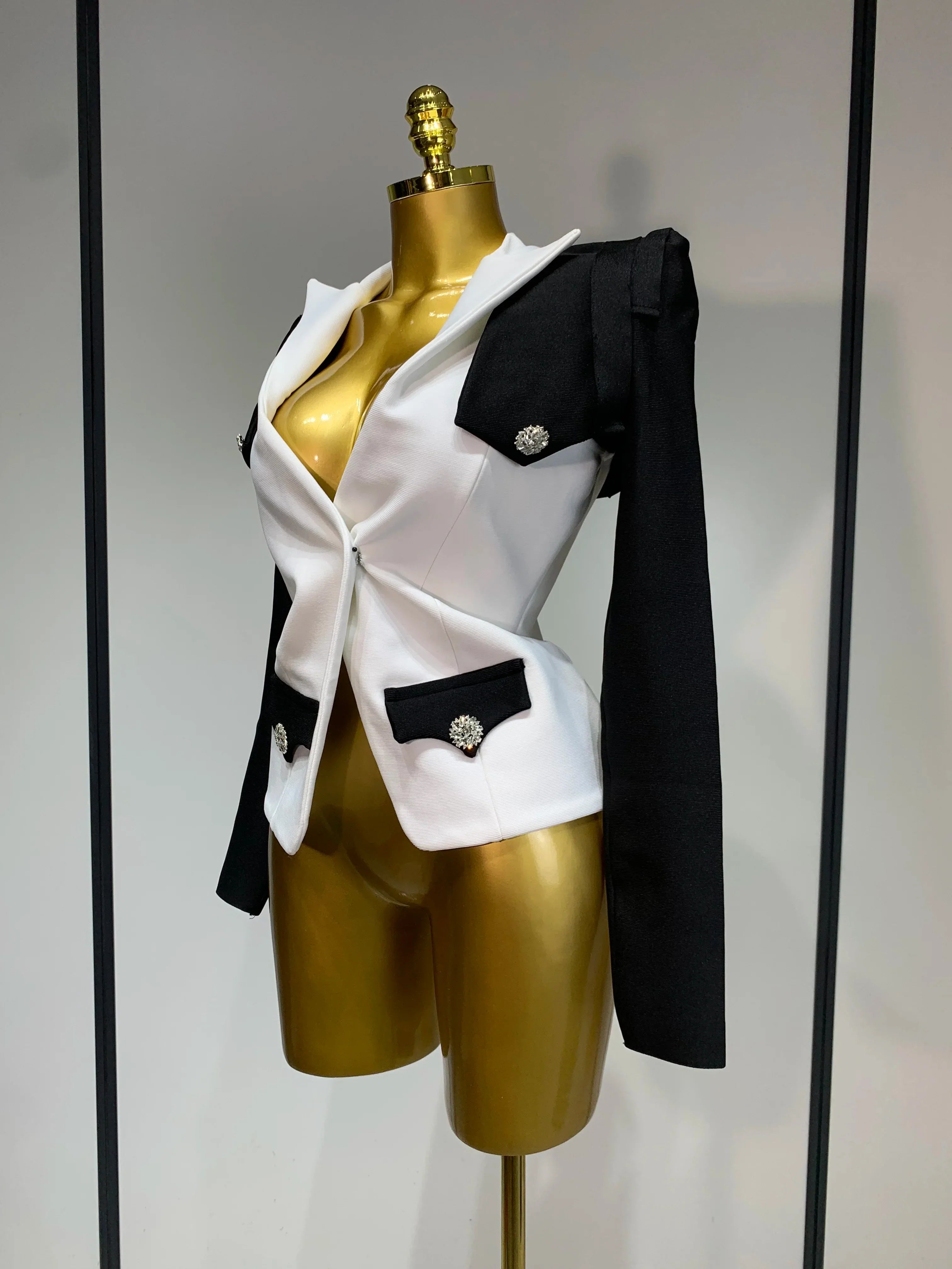 Fashion Black White Bandage Jacket Two Piece Set Women Slim Fit Diamond Button Suit Jackets Coat