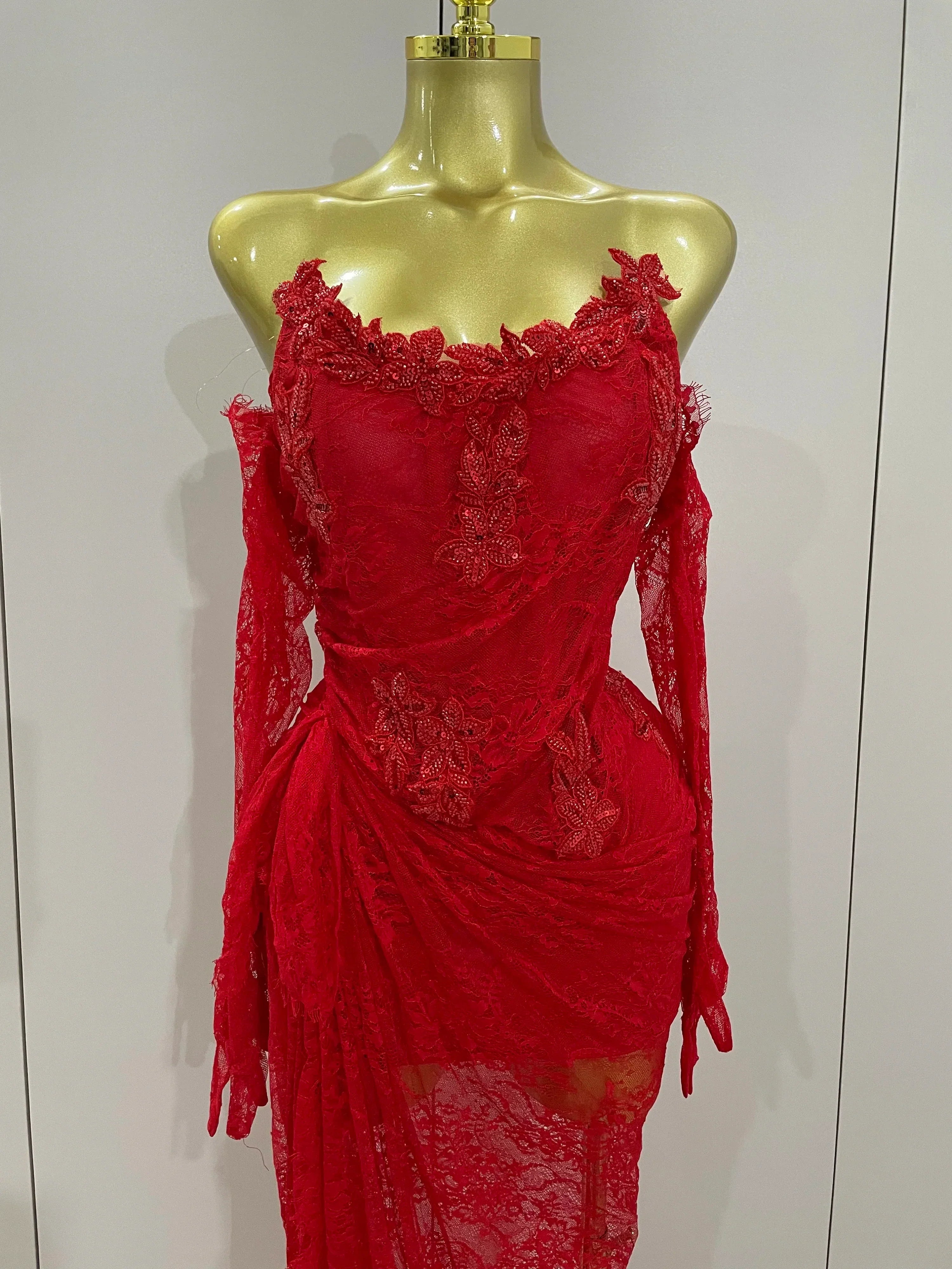 Women Sexy Strapless Backless Red Lace Split Maxi Long Bodycon Dress  Celebrity Elegant Evening Club Birthday Party Outfit