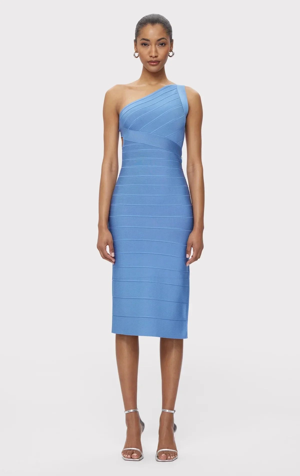 Skyblue Color Women Sleeveless Sexy One Shoulder Bodycon Long Bandage Dress Elegant Evening Party Celebrate Outfit