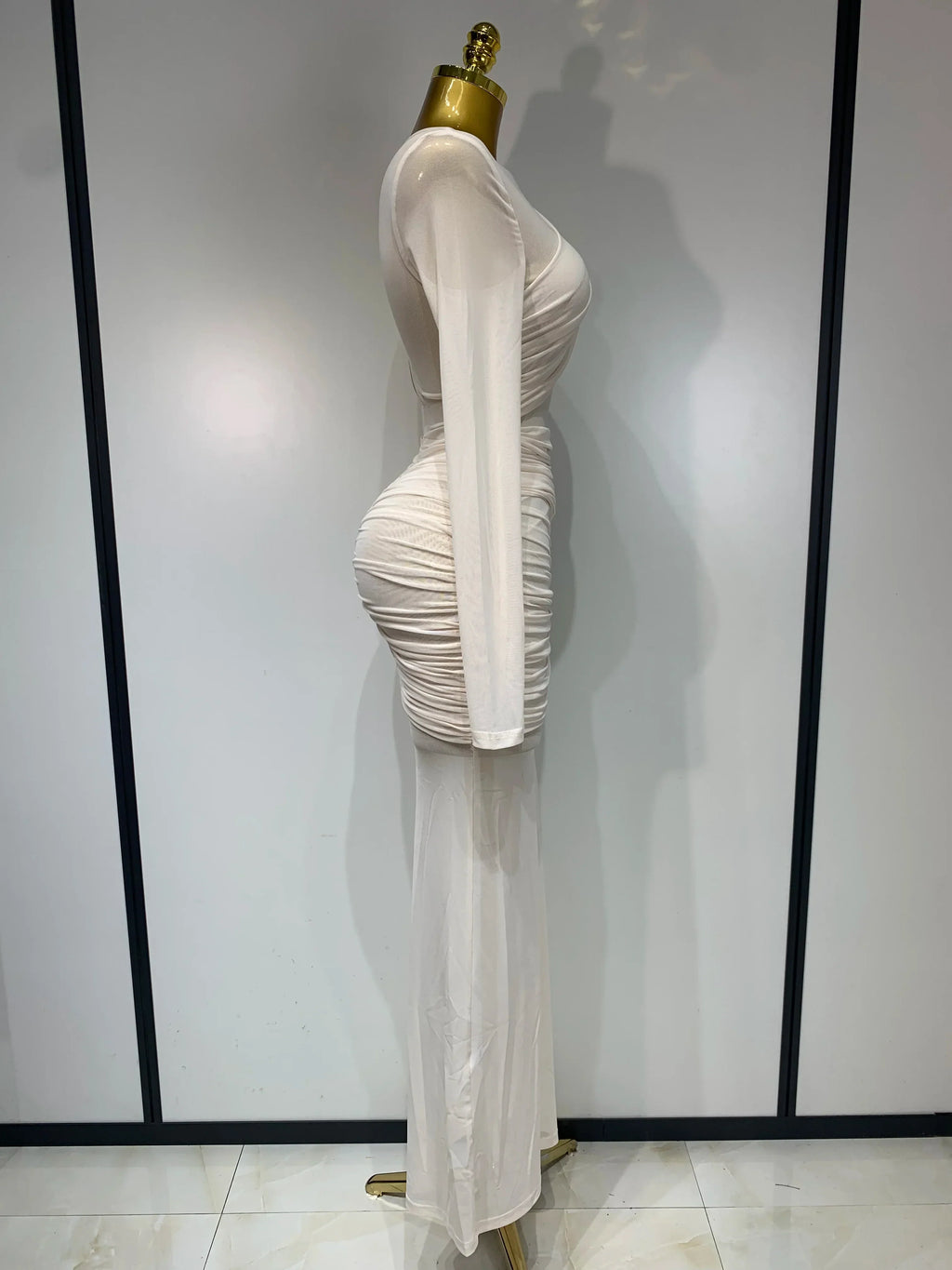 Elegant Mesh Fold Long Sleeve Bodycon Dress Women  Evening Party Club Sexy Perspective Fashion Luxury Birthday Dresses
