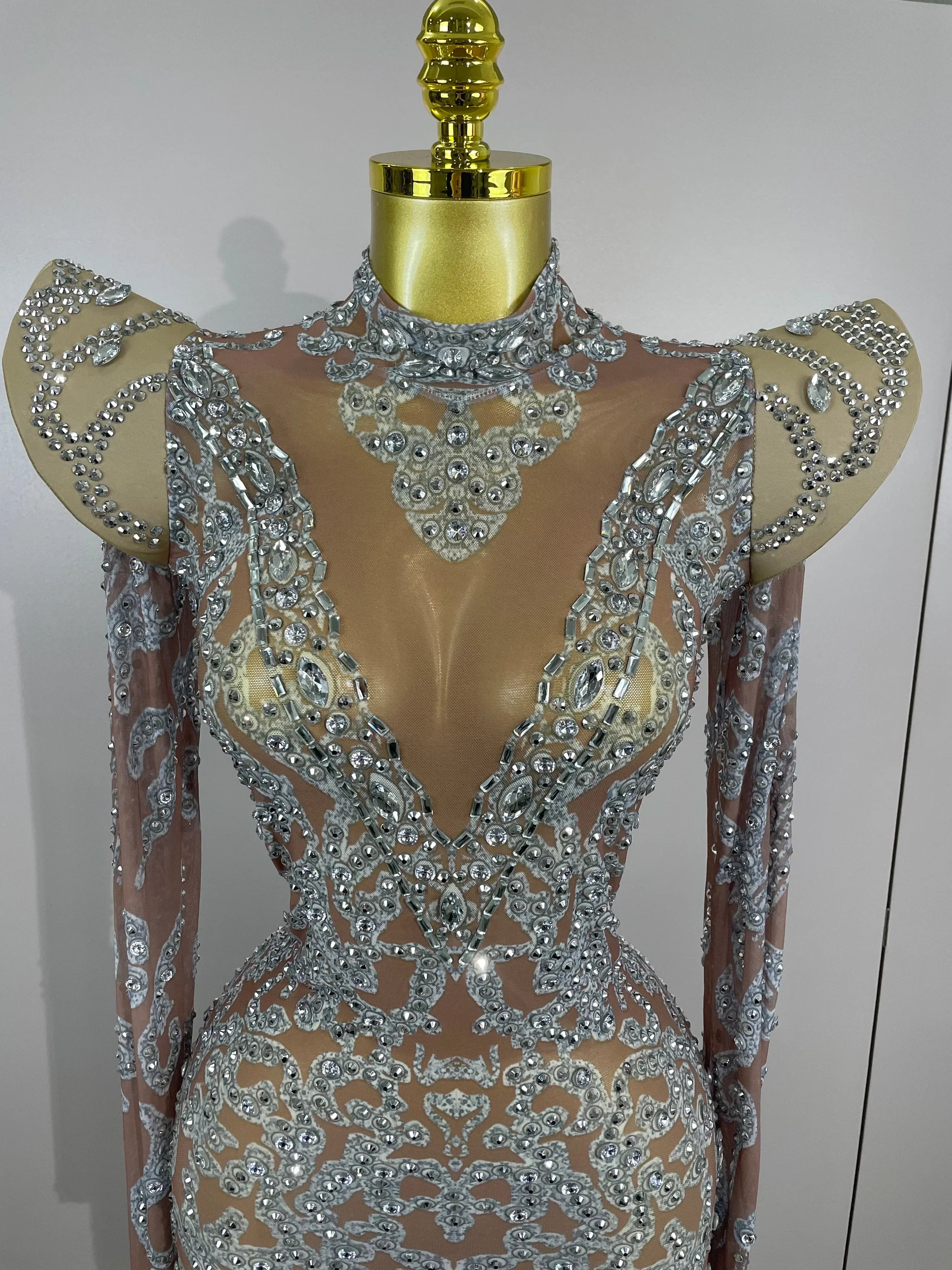 Sexy Singer Stage Drag Queen Costume  Women Shiny Rhinestones Transparent Short Dress Birthday Celebrate Photoshoot Dress