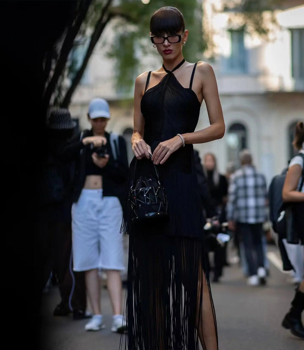 Black Green Women Sleeveless Sexy Strap V-Neck Bodycon Long Tassels Bandage Dress Celebrate Fashion Red Carpet Evening Dress
