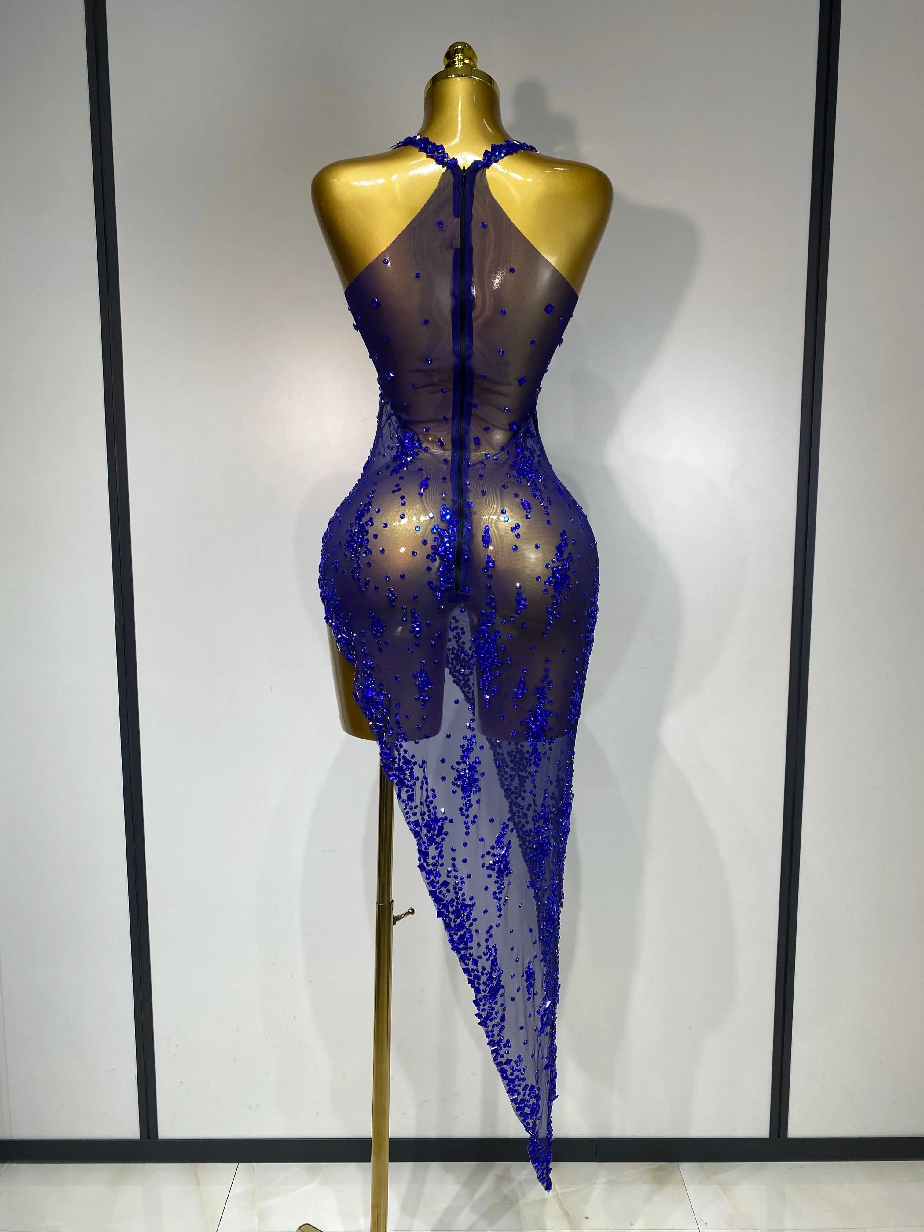 Women Sexy Luxury Birthday Prom Gowns Sparkly Diamond See Through Mesh Stretch Asymmetrical Dress Celebrity Elegant Stage Outfit