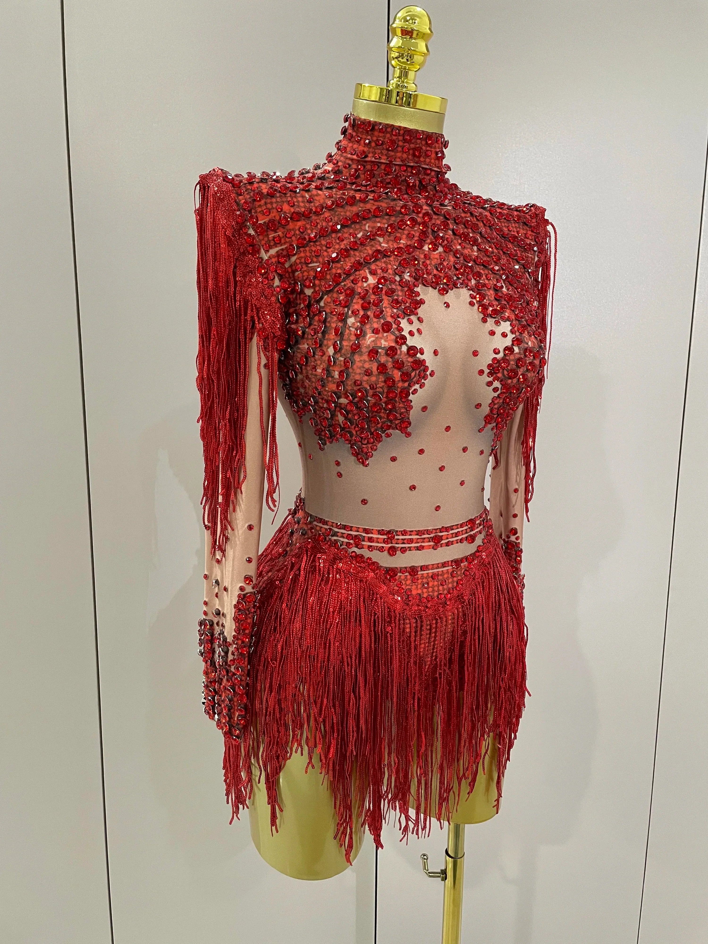 Sparkly Rhinestone Sequin Tassel Stretch Bodysuits  Women Birthday Party Nightclub Dj Stage Performance Costume