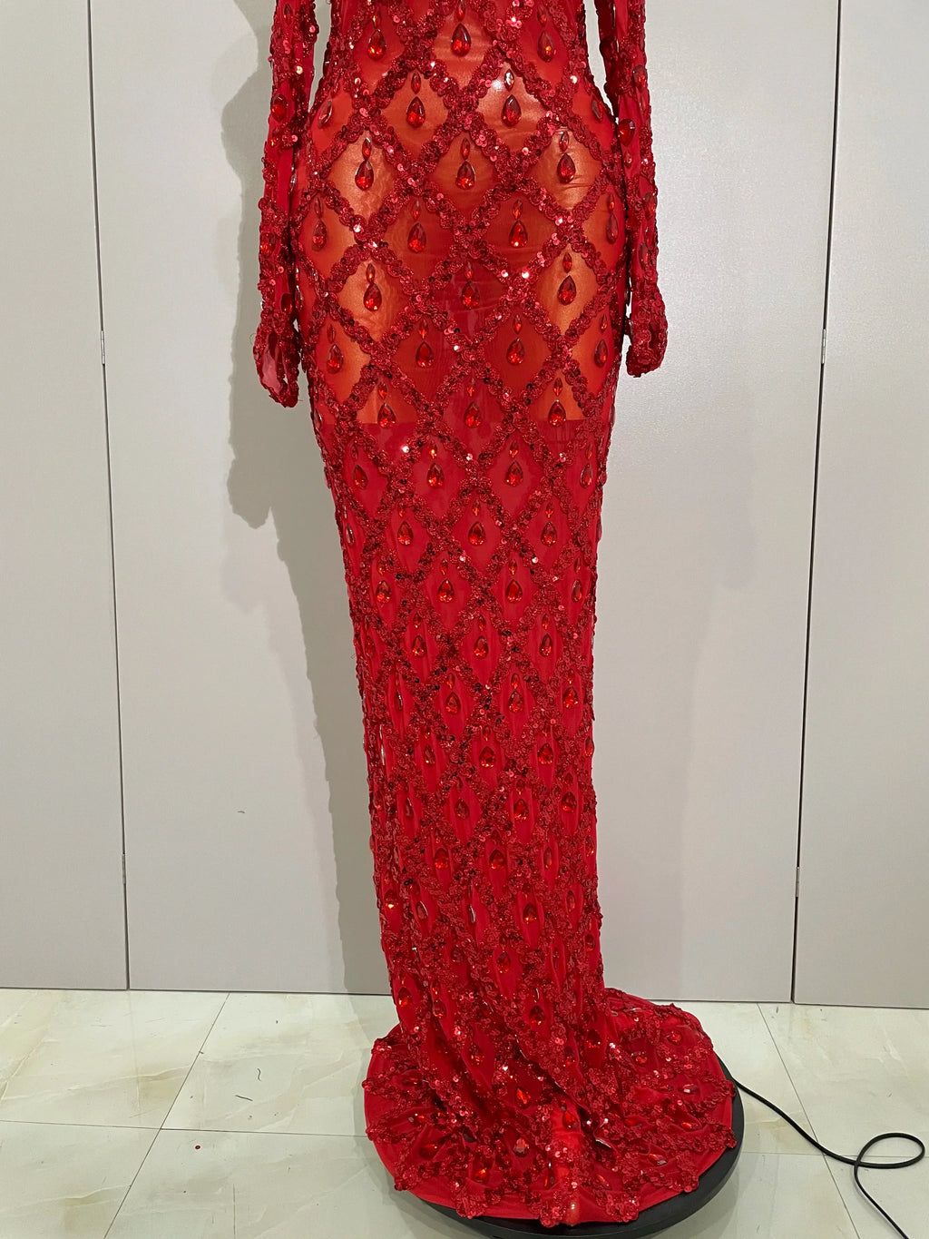 Sexy Sparkly Rhinestones Halter Mesh Long Dress With Gloves  Women Celebrate Evening Wedding Prom Birthday Dress Shoot Wear