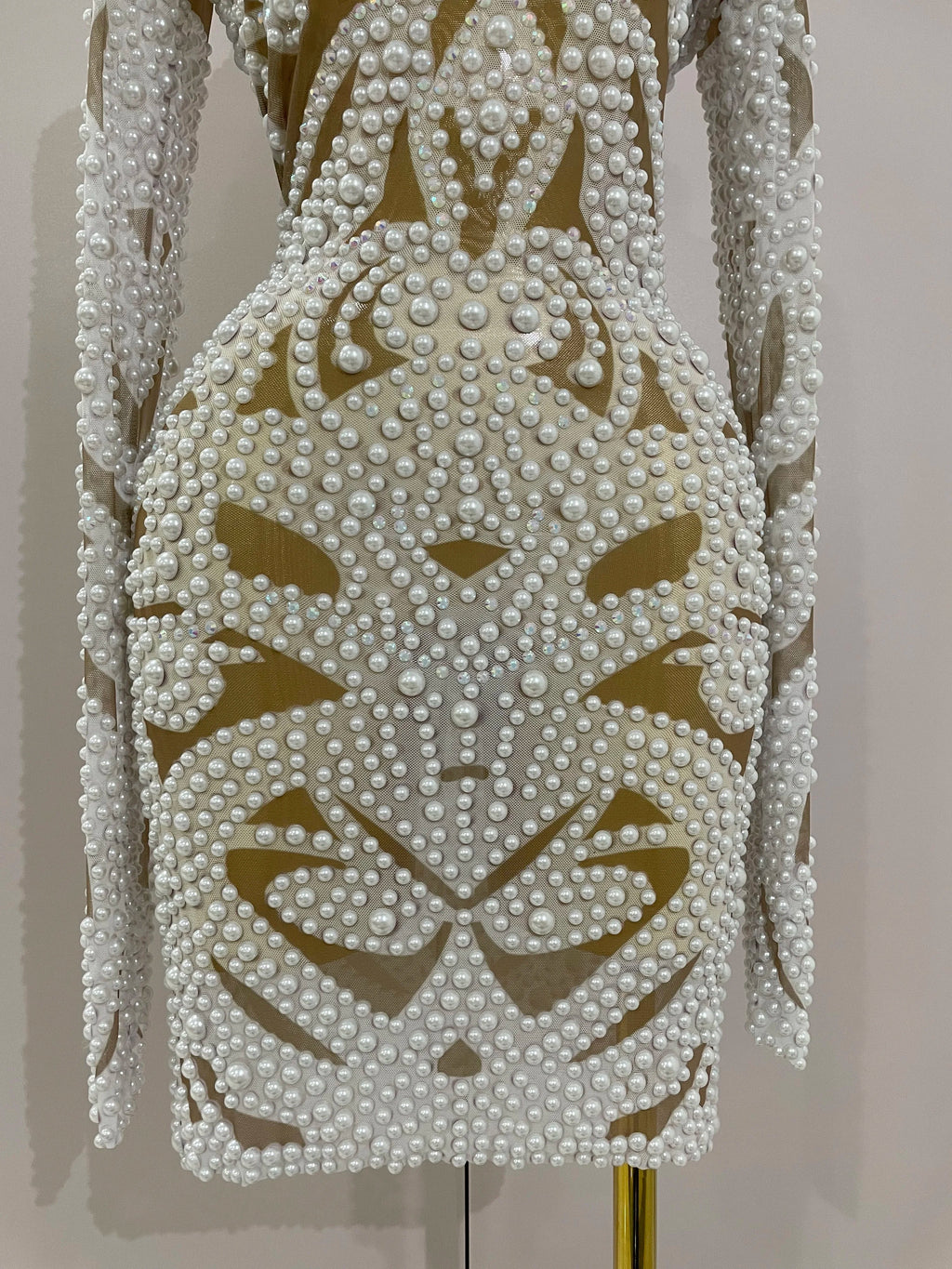 High-end Elegant Evening Gown AB Rhinestones Pearls Luxury Long Sleeves Mesh Dress Women Cocktail party Wedding Costume